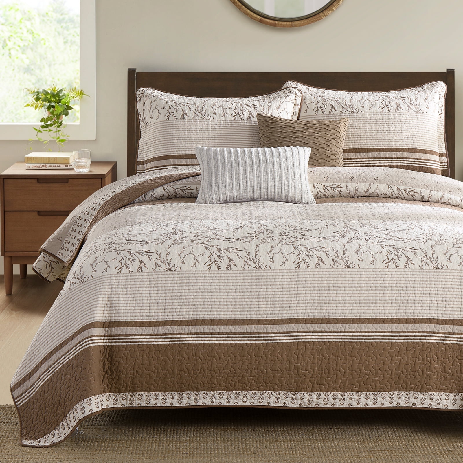 Bedduvit Striped Framhouse Queen Size Quilt - 100% Cotton Retro Rufous/Brown Queen Quilted Bedspread, Lightweight Botanical Floral Print Bedspreads, Summer Vintage Decor Coverlet for Queen Bed, 98x90