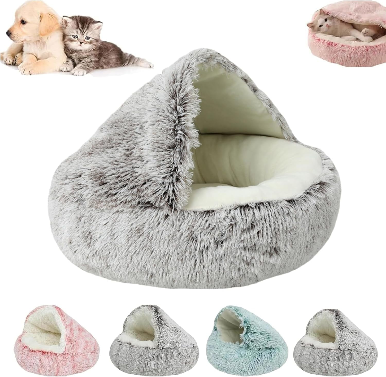 Cozy Cocoon Dog Bed | Hooded Cave Pet Bed with Fluffy Plush Cover, Washable Burrow Nest & Non-Slip Bottom for Small Medium Dogs & Cats