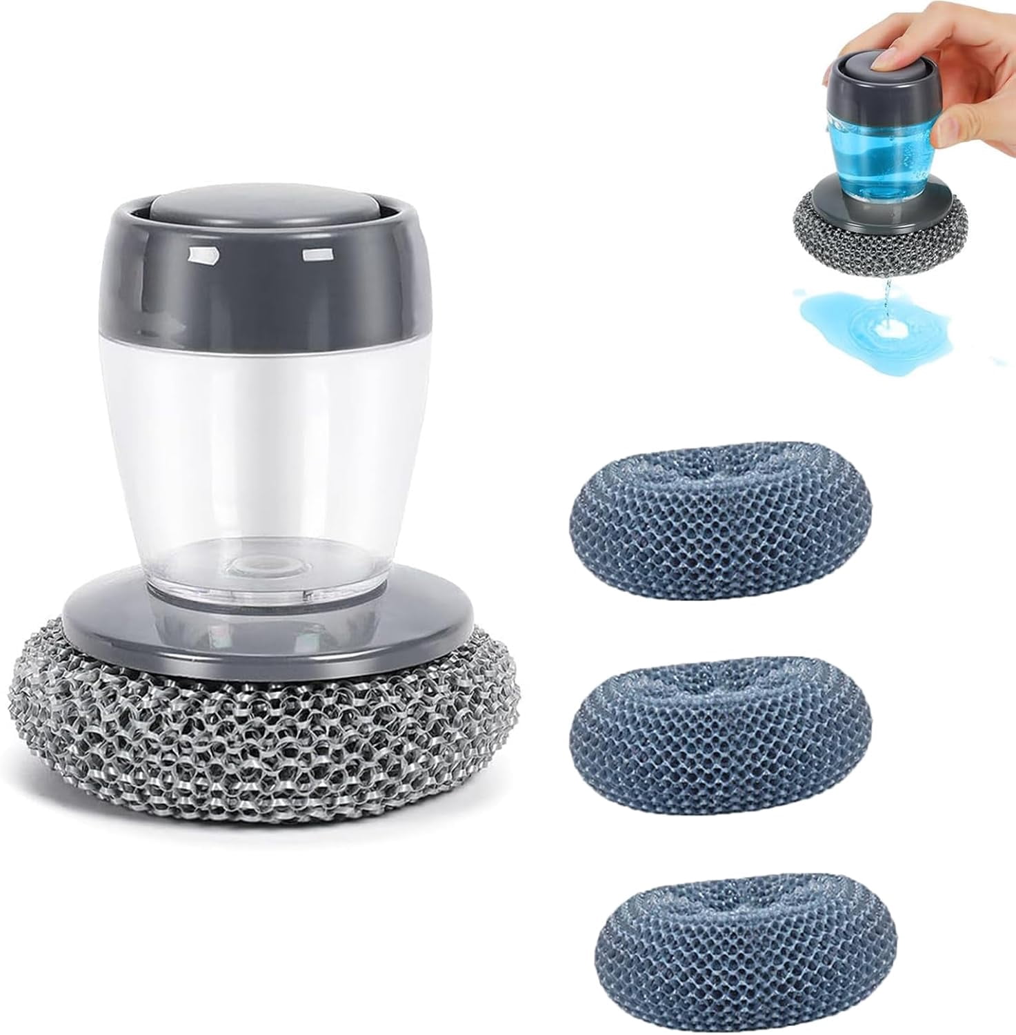 Comfort Grip Soap Dispensing Kitchen Scrub | with Replaceable Bristles, for Washing Dishes, Pots, Pans & Non-Stick Cookware