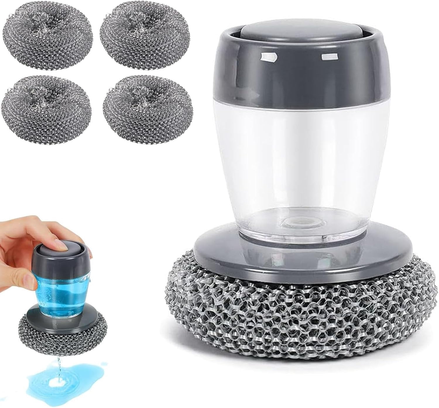 Comfort Grip Soap Dispensing Kitchen Scrub with 4 Refills, Palm Dish Brush Set for Pots and Pans, Heavy Duty Scrubber for Sink Cleaning