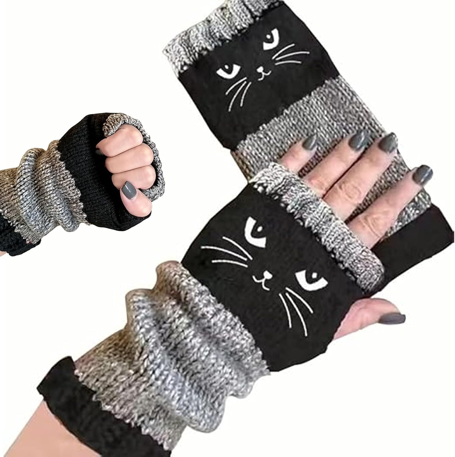 Cute Women's Knitted Cat Gloves, Fingerless Gloves for Women with Cat Embroidery, Cozy Knit Fabric for Winter Wear