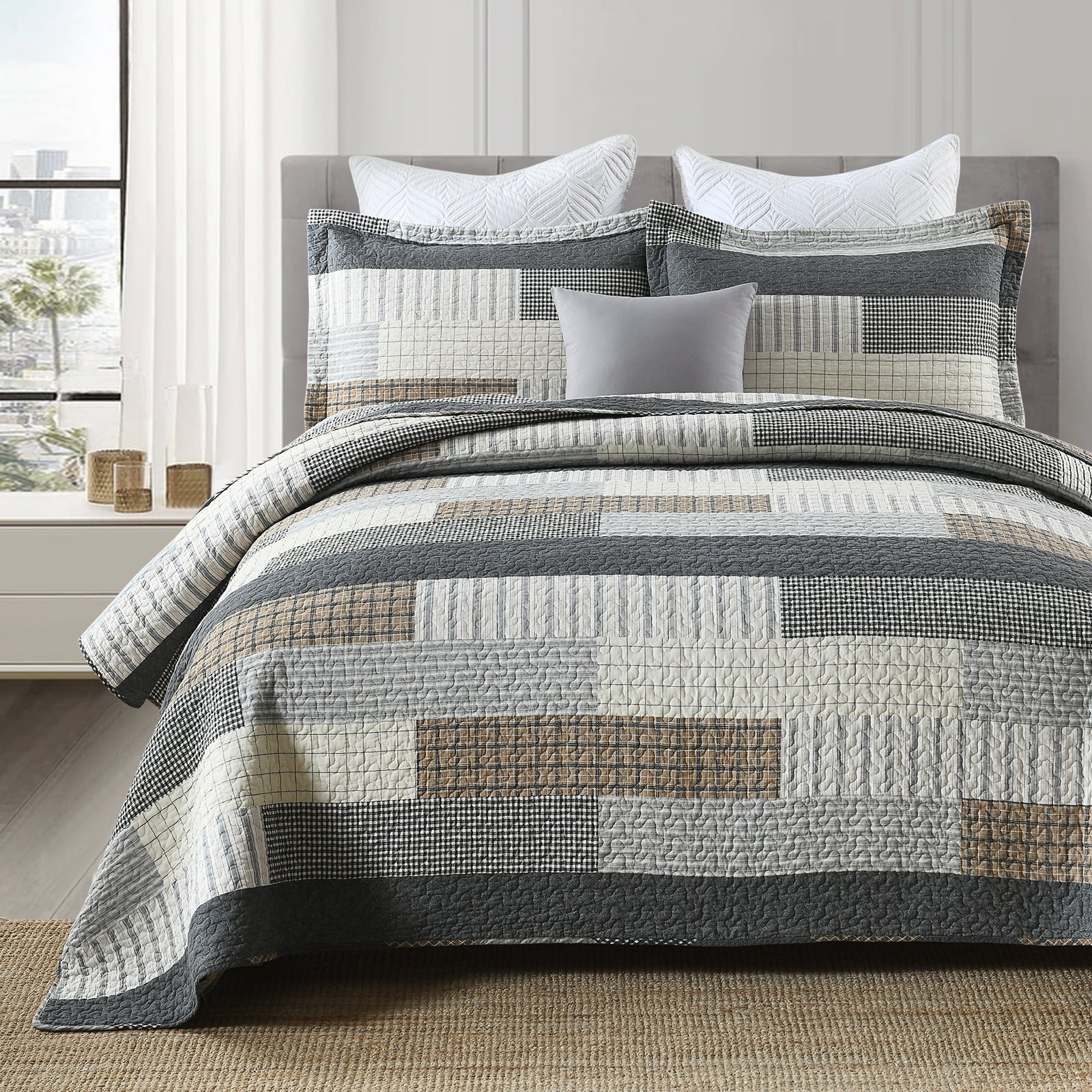 DDUOXIN Farmhouse Cotton Quilt for King Bed - 100% Cotton Gray Brown Patchwork Plaid Striped King Size Quilt Bedspread, Neutral Lightweight Reversible All Season Coverlet/Comforter Set, 3 Piece