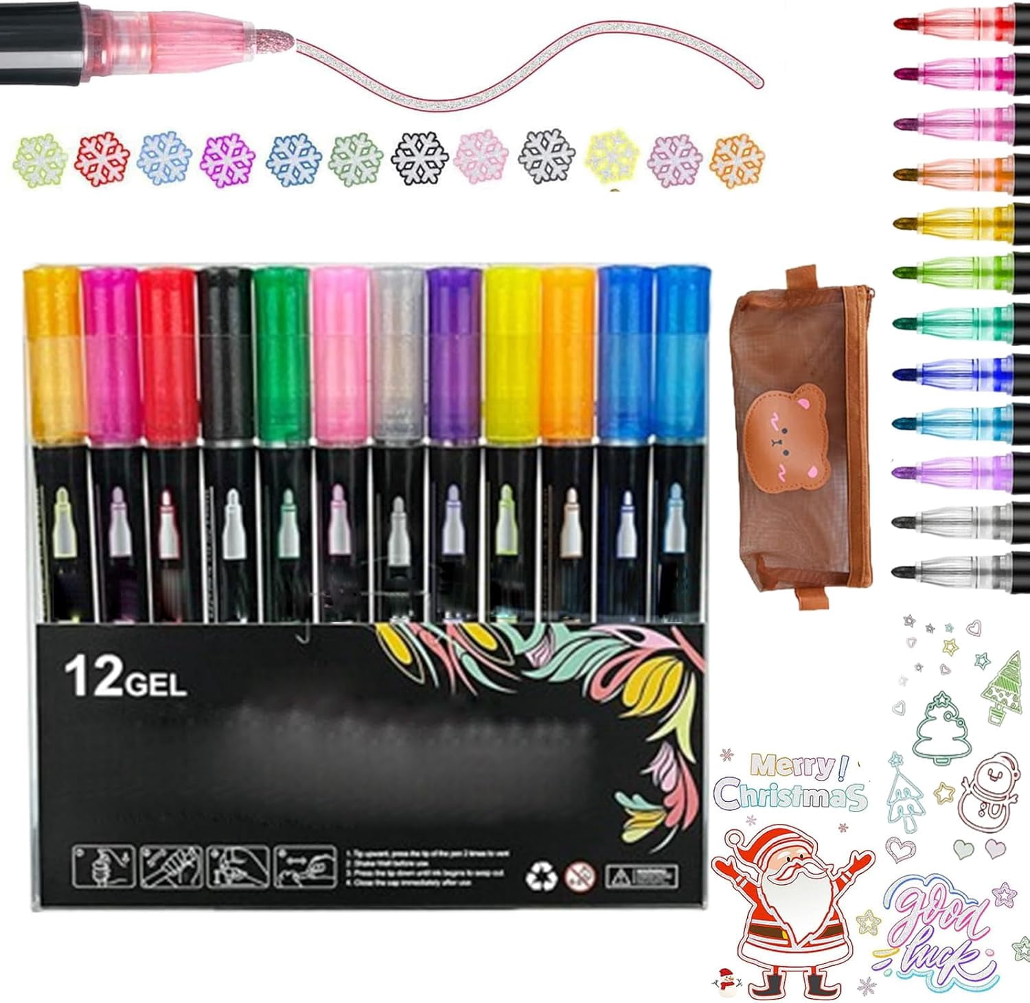Dreamy Sparkle Dual Pen, Double Line Super Squiggles Metallic Glitter Pens, Quick-Dry Ink Dual-Line Contour Pen for Coloring, Drawing