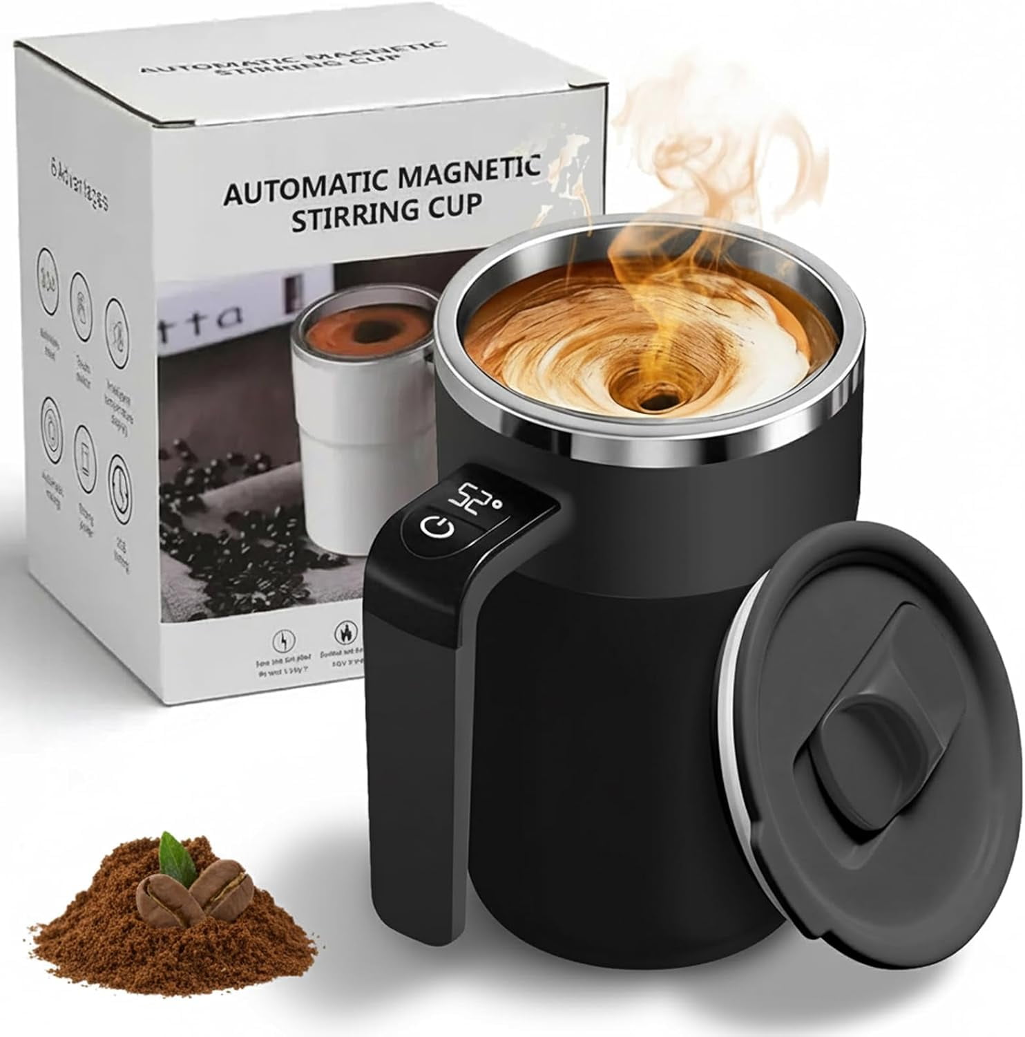 Electric Coffee Mug with a Built-In LCD Thermometer, Rechargeable Automatic Magnetic Stirring Coffee Mug Set for Brewing Coffee, Milk, Cocoa