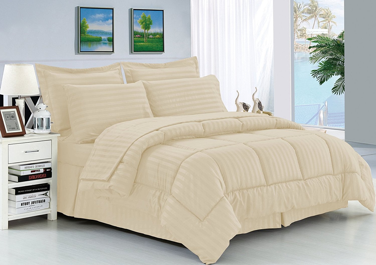 Elegant Comfort Beige 8 Piece Bed in a Bag Comforter Set with Sheets, Queen