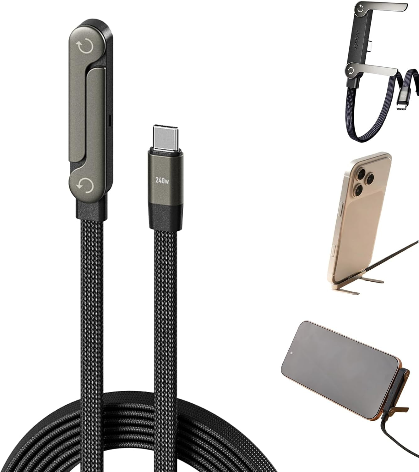 Flat Phone Charger, 240W Fast Charge Invisible Holder Charger Cable with Stand, Type C Invisible Stand Charging Cable, 90 Degree Cord