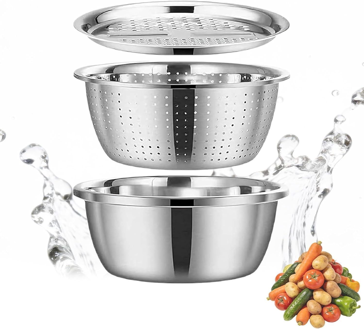 Germany Multifunctional Stainless Steel Basin with Grater, Colander and Strainer, Shredding Drainage Chopping Bowl for Washing Vegetables
