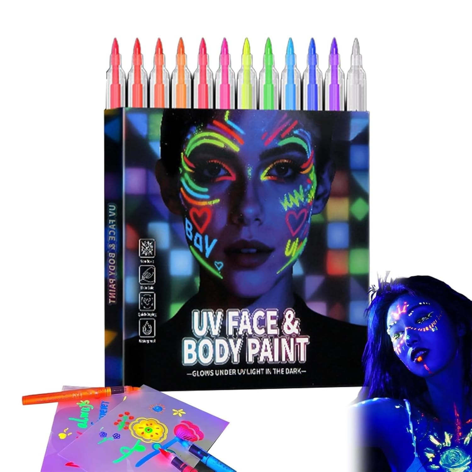 Glow Face and Body Paint Markers Set | Glow in the Dark & Neon Body Art Pens, Washable Temporary Tattoo Marker for Festivals & Parties
