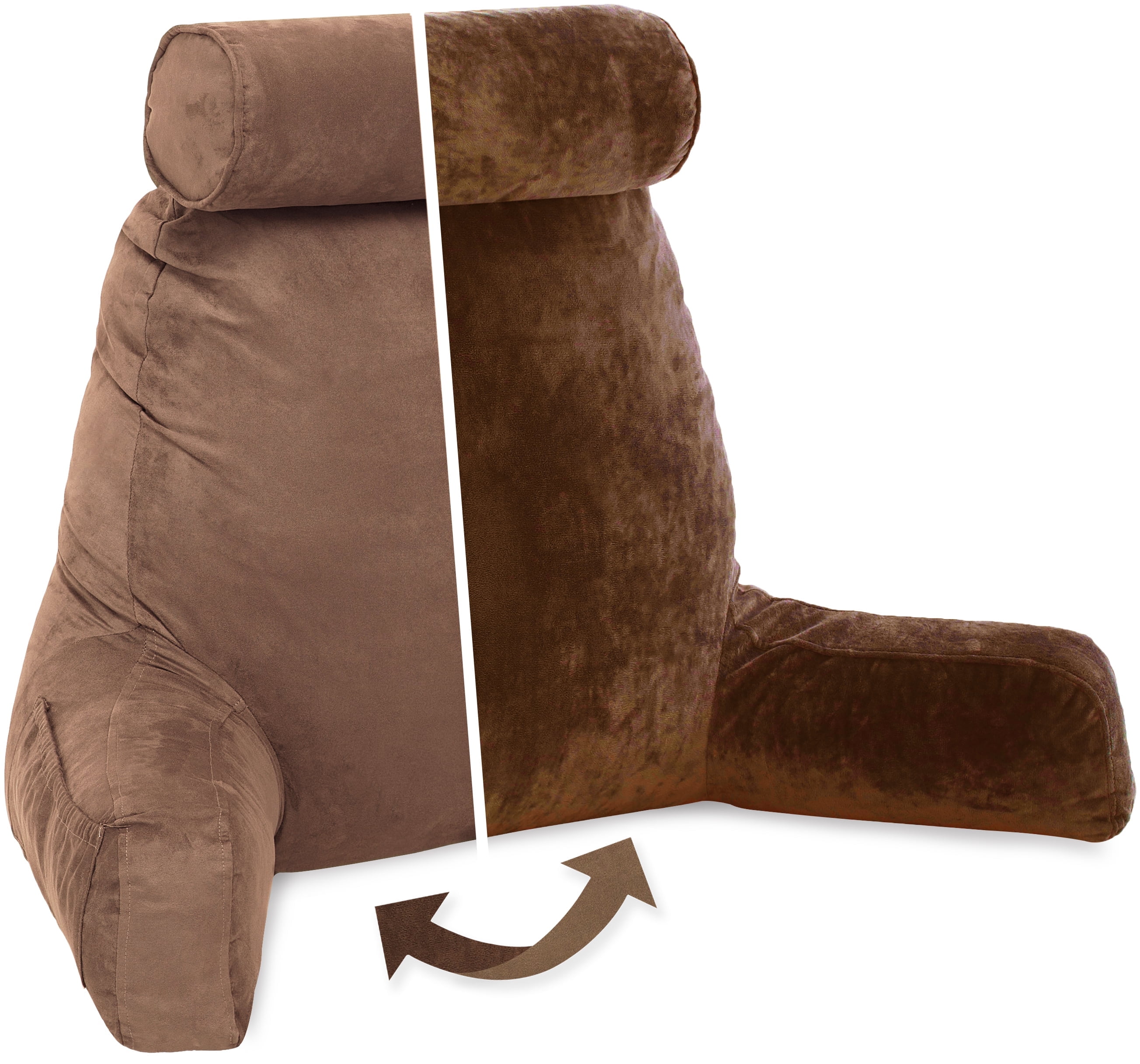 Husband Pillow, Aspen Edition - Reading and Bed Rest Pillow with Arms - Neck Roll on Bungee Cord or Removable - Premium Memory Foam - Reversible Two-Sided Cover Microsuede or Microfiber, Saddle Brown