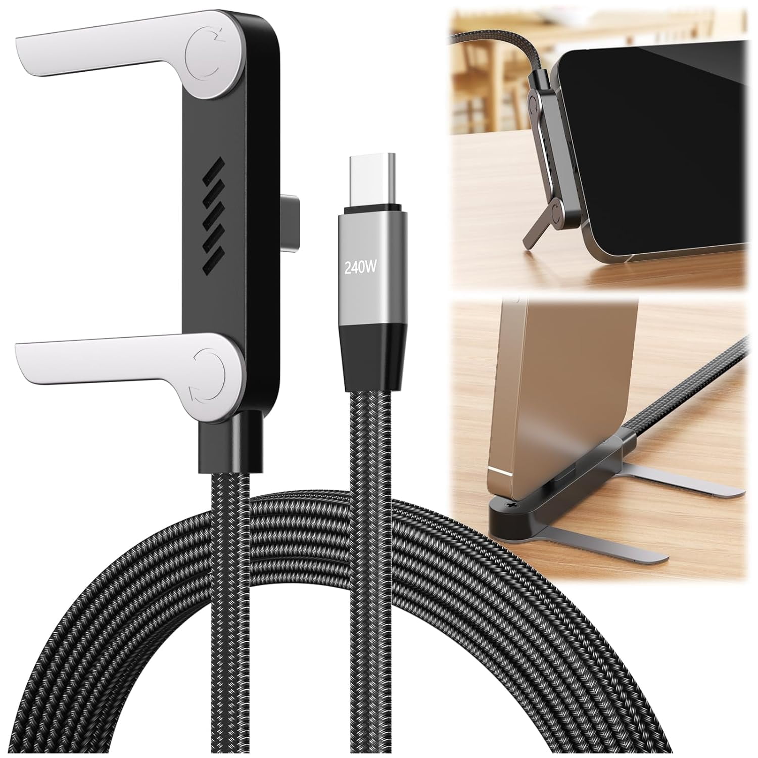 Invisible Holder Charger Cable with Stand, 240W USB-C Invisible Stand Charging Cable, Braided Flat Phone Charger for Gaming, Video Calls