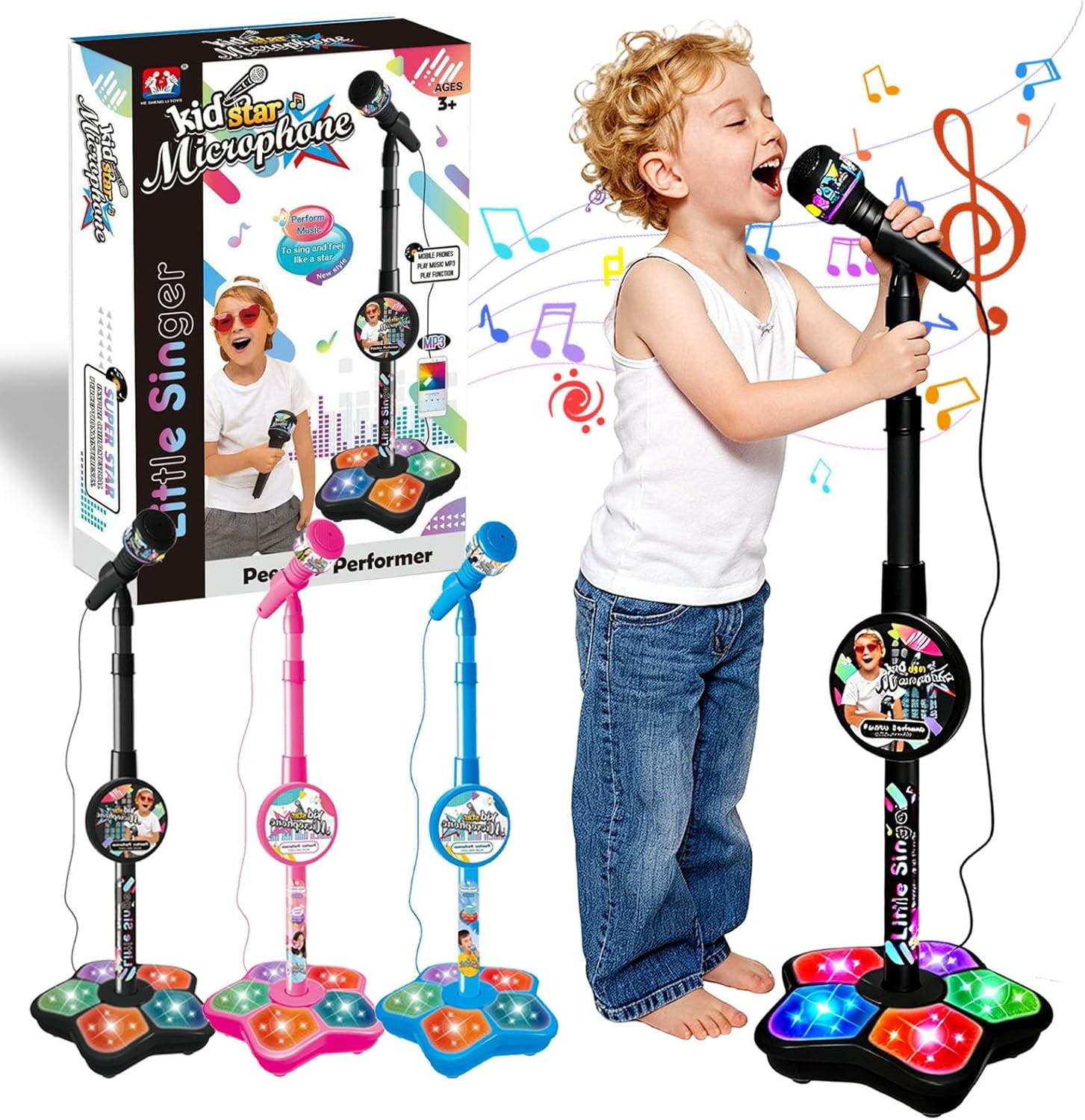 Kids Microphone with Stand | Portable Karaoke Machine for Kids with Built-in Music, LED Lights & Echo Effect, Adjustable Microphone Stand for Singing Play
