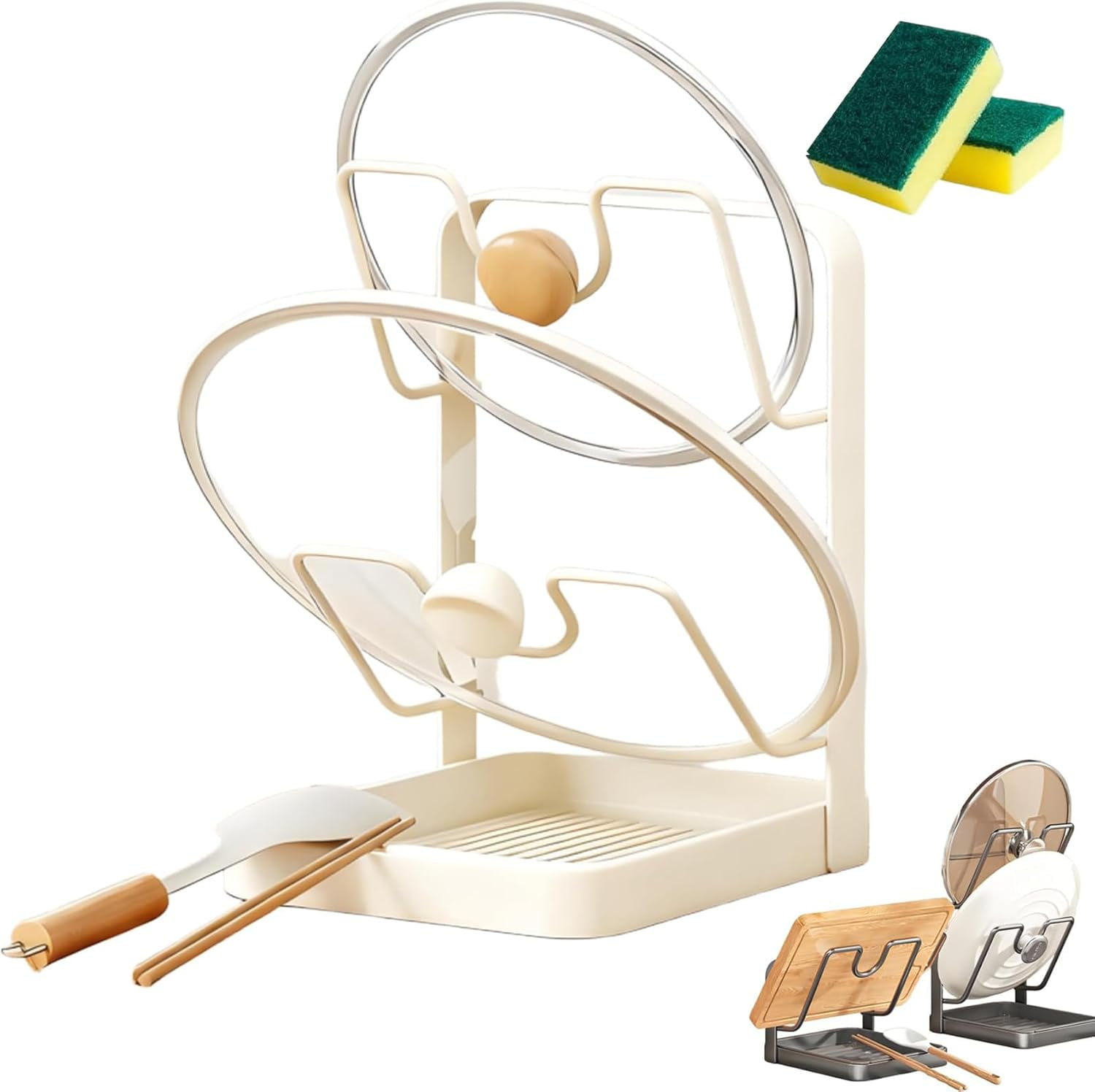 Kitchen Pot Lid Storage Rack | Lid Holder with Removable Drip Tray for Counter & Stove Top, Pot Lid Organizer Rack
