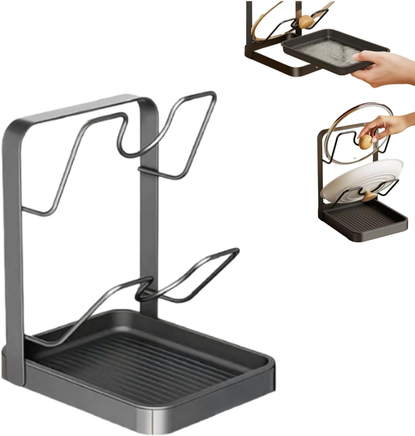 Kitchen Pot Lid Storage Rack, Stainless Steel Pot Lid Holder and Spoon Rest for Stove Top, Countertop Organizer for Pot Covers While Cooking