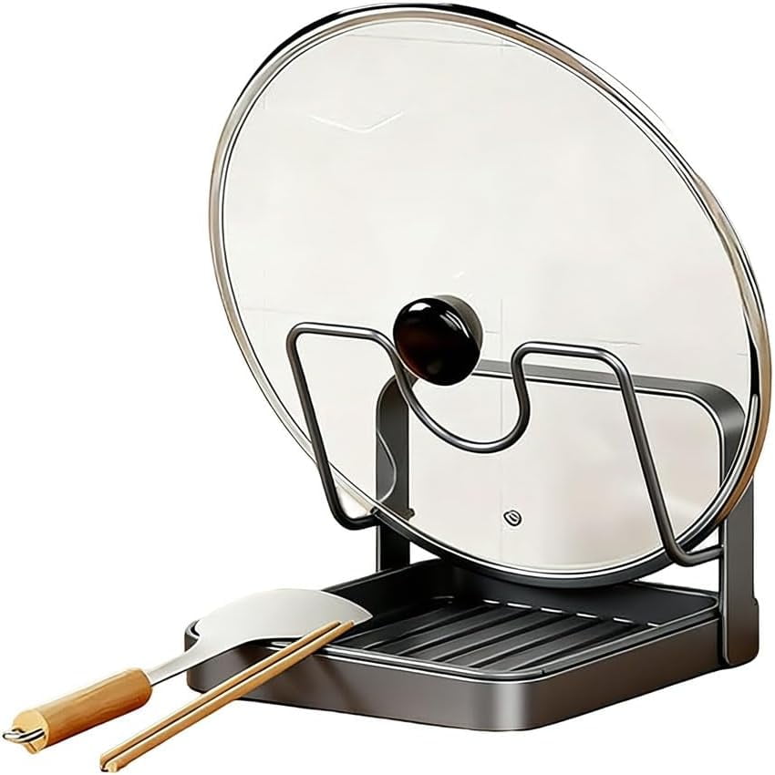 Kitchen Pot Lid Storage Rack, Stainless Steel Pot Lid Holder & Spoon Rest, Multifunctional Lid Organizer with Removable Drip Tray for Countertop, Space-Saving Rack