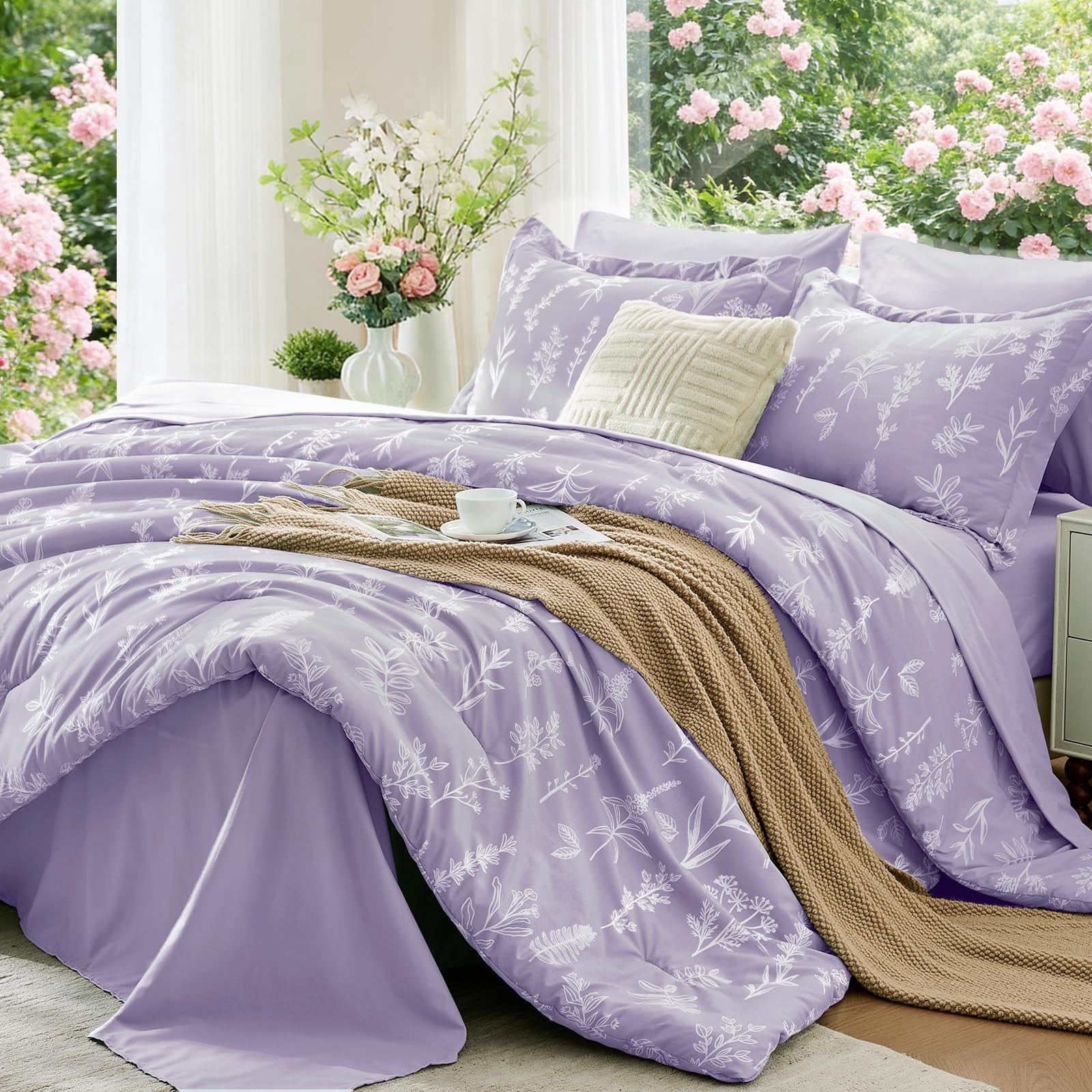 Lavender Purple Bed In A Bag Queen 7 Pieces Comforter Set Reversible Botanical Flowers Design Ultra Soft & Breathable Bedding Sets With Sheets Pillowcases Shams