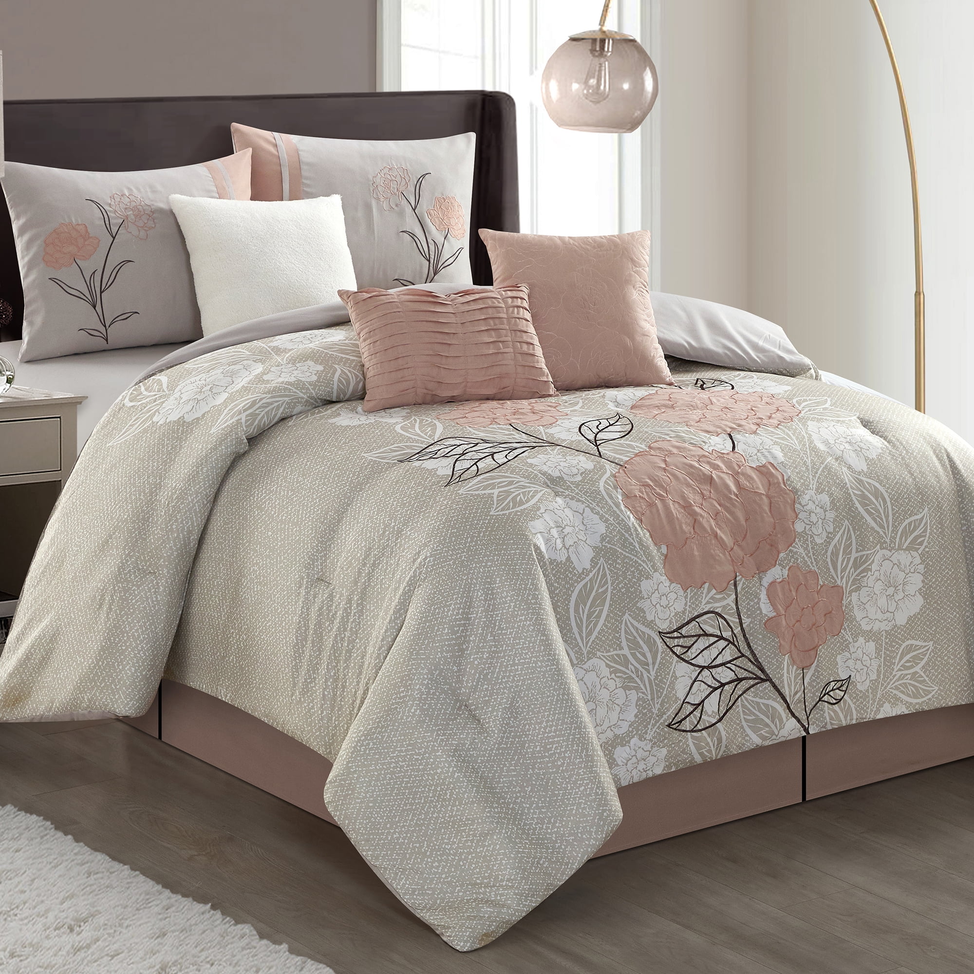 Lanco Anemone Floral 7 Piece Comforter Set Blush, Bed Size Queen, Fill Polyester
