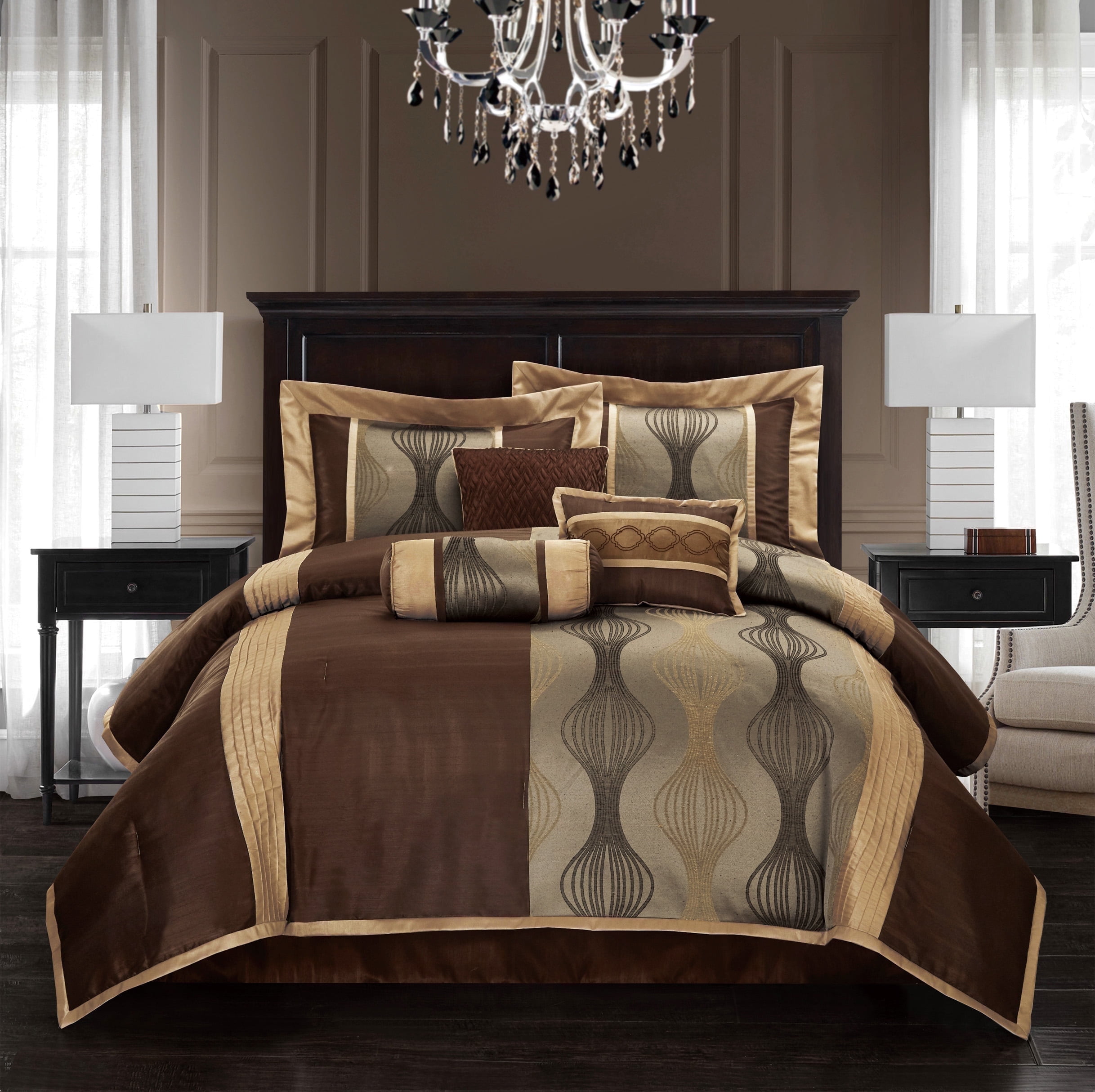 Lanco Brown Comforter Set , King Size , 7 Pieces Fashion Jacquard Bedding Set