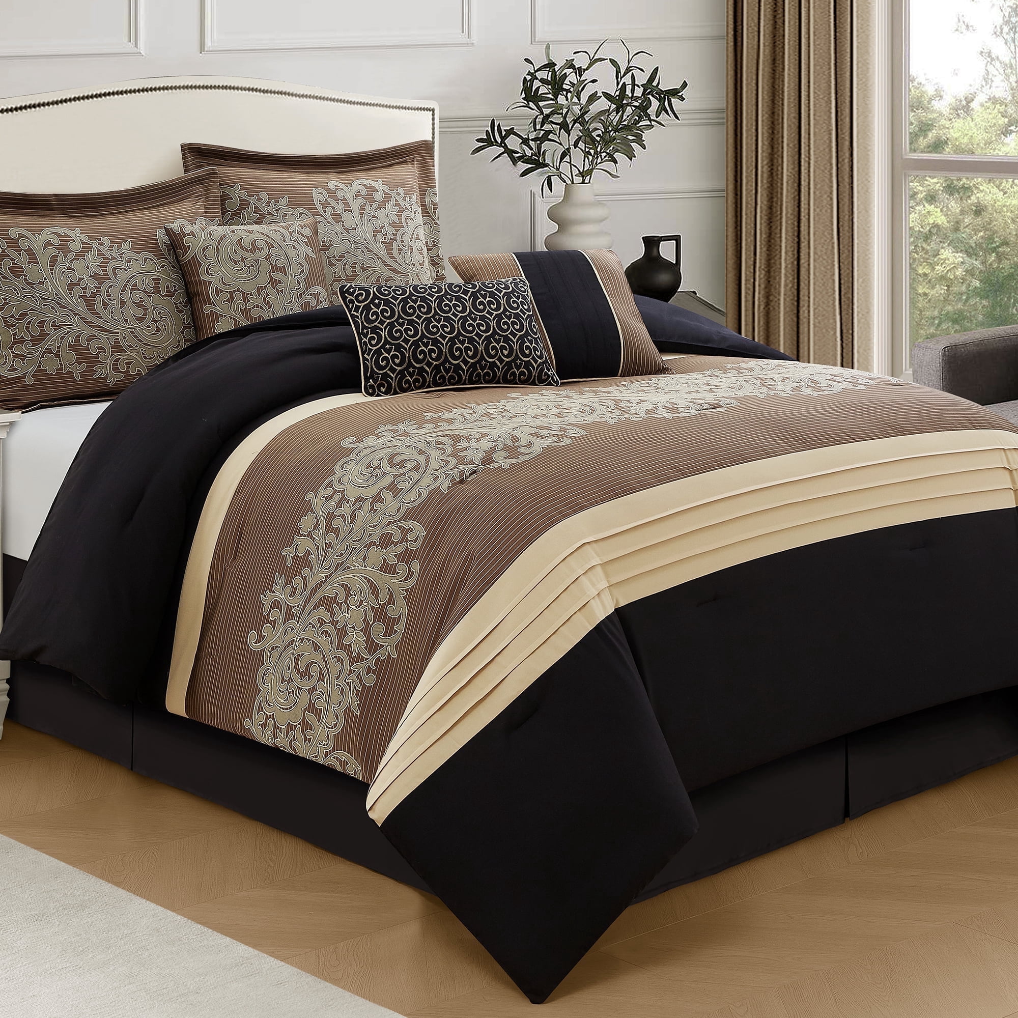 Lanco Damask Black/Gold Cal King Comforter Set , 7 Piece , Bedding Sets & Collections , Pillow Shams Bedskirt 100% Polyester