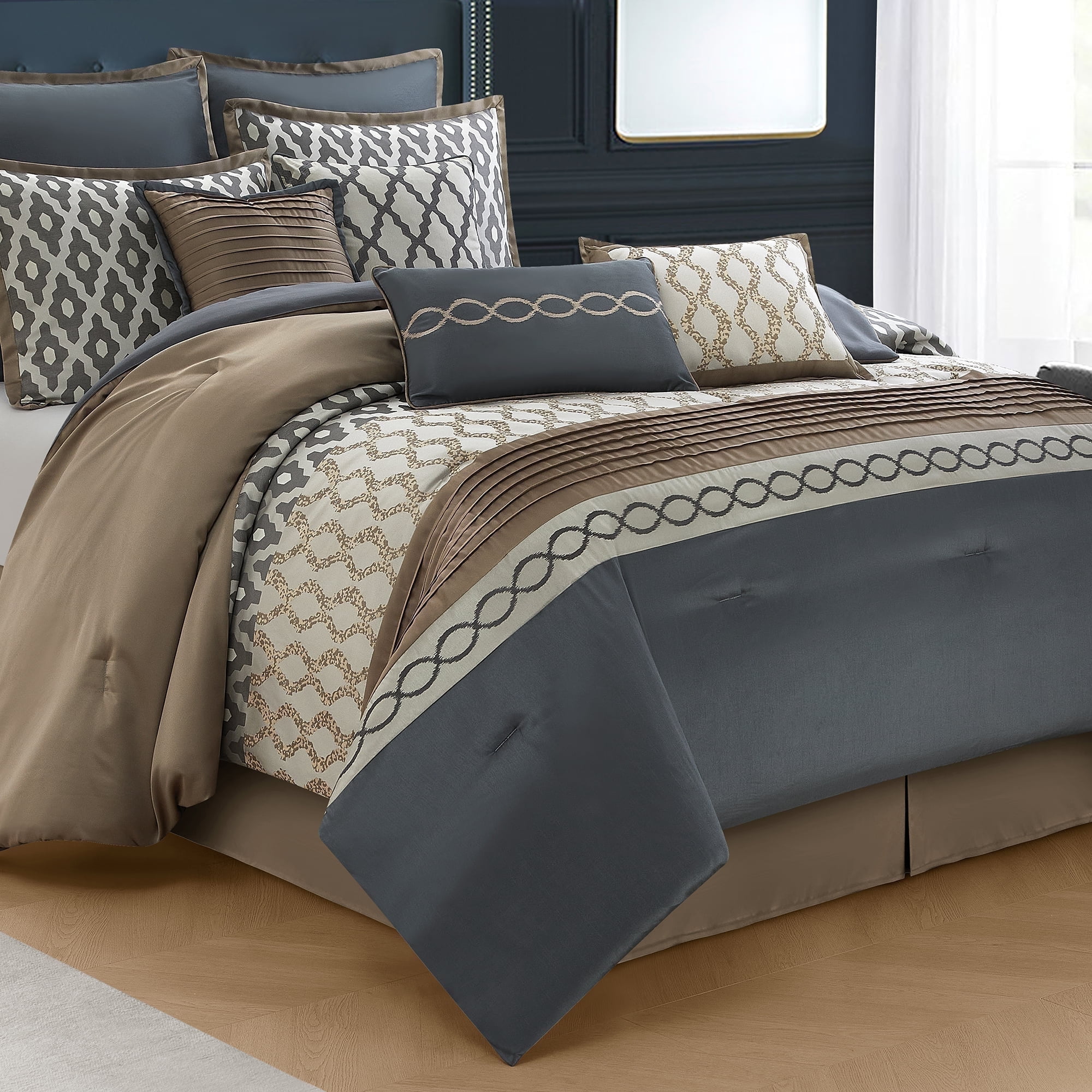 Lanco Geometirc Queen Size Comforter Set , 10 Piece , Jacquard Home Decor , Premium Lightweight Microfiber