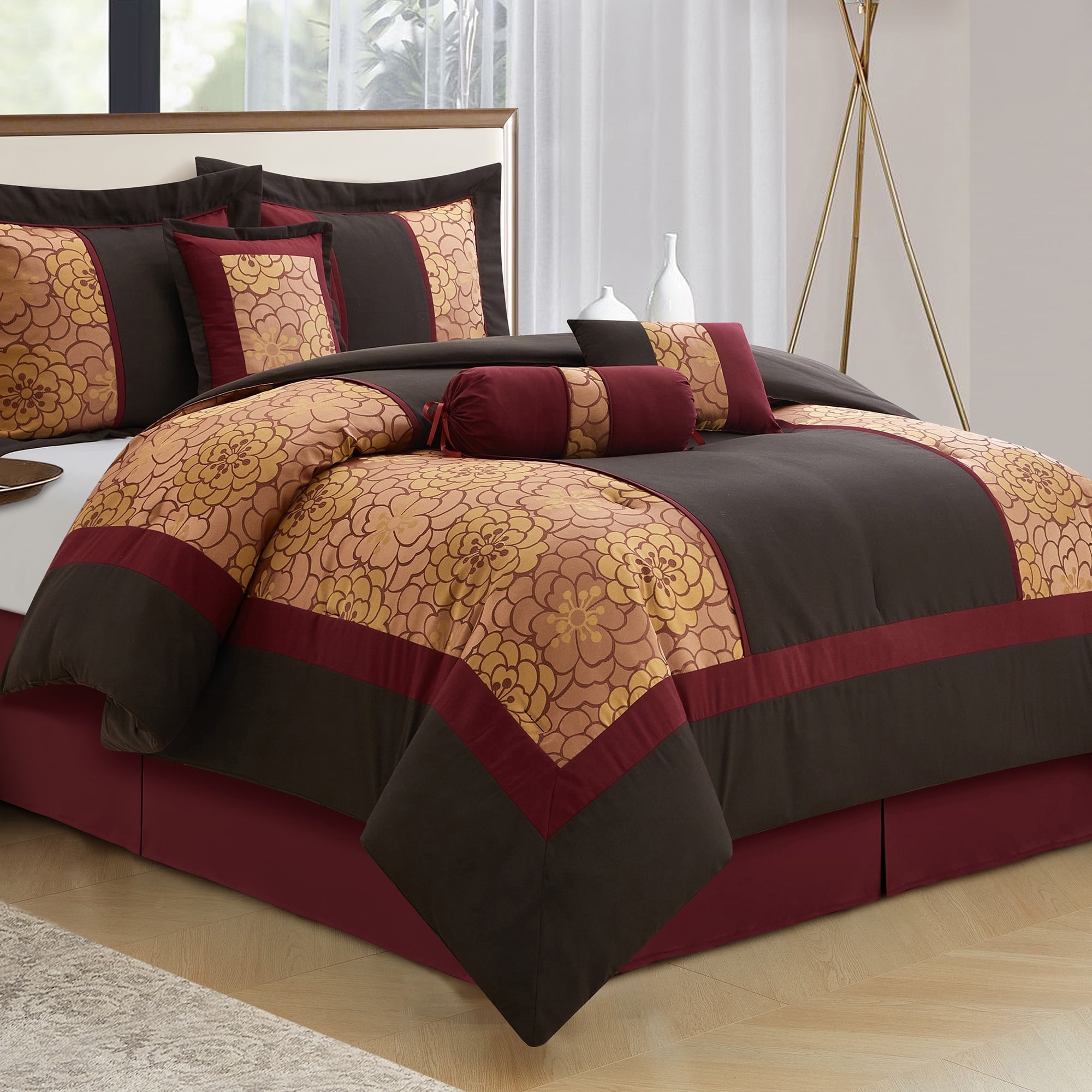 Lanco Nellie Floral 7-Piece Comforter Bedding Set,Classic, Bed Size Queen, Chocolate Brown, Fill Polyester, Floral