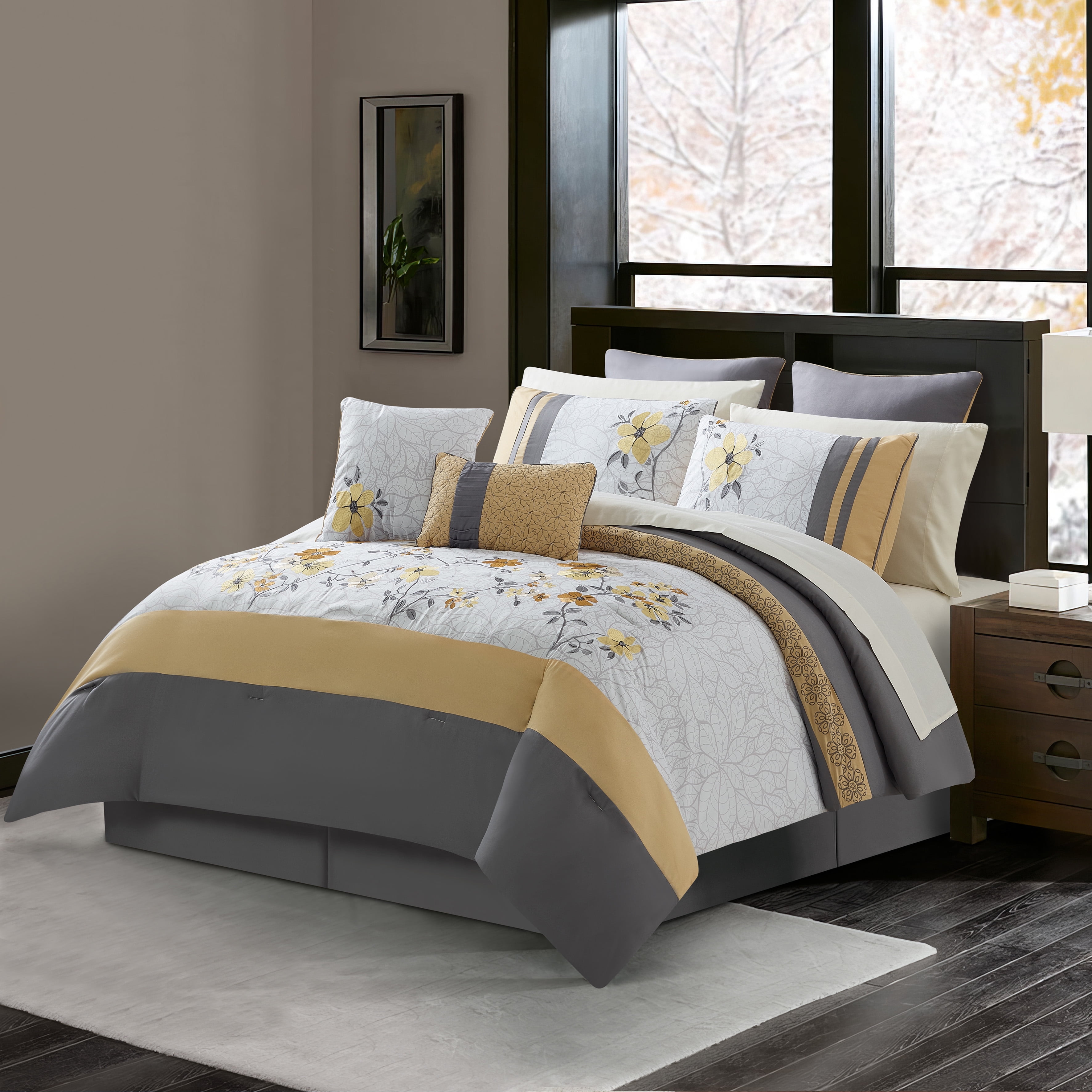 Lanco Tulip Floral Bed in a Bag 12-Piece Bedding Comforter Set, Yellow Gray, Bed Size King, 100% Polyester Fill