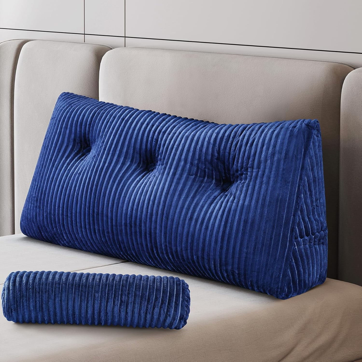 Large Wedge Pillow Headboard, Twin Triangular Headboard Pillow, Reading Pillow Standard Bed with a Roll Pillow for Bed Sitting Up Sleeping, Backrest Cushion Headboard Gap Pillow for Back, Blue