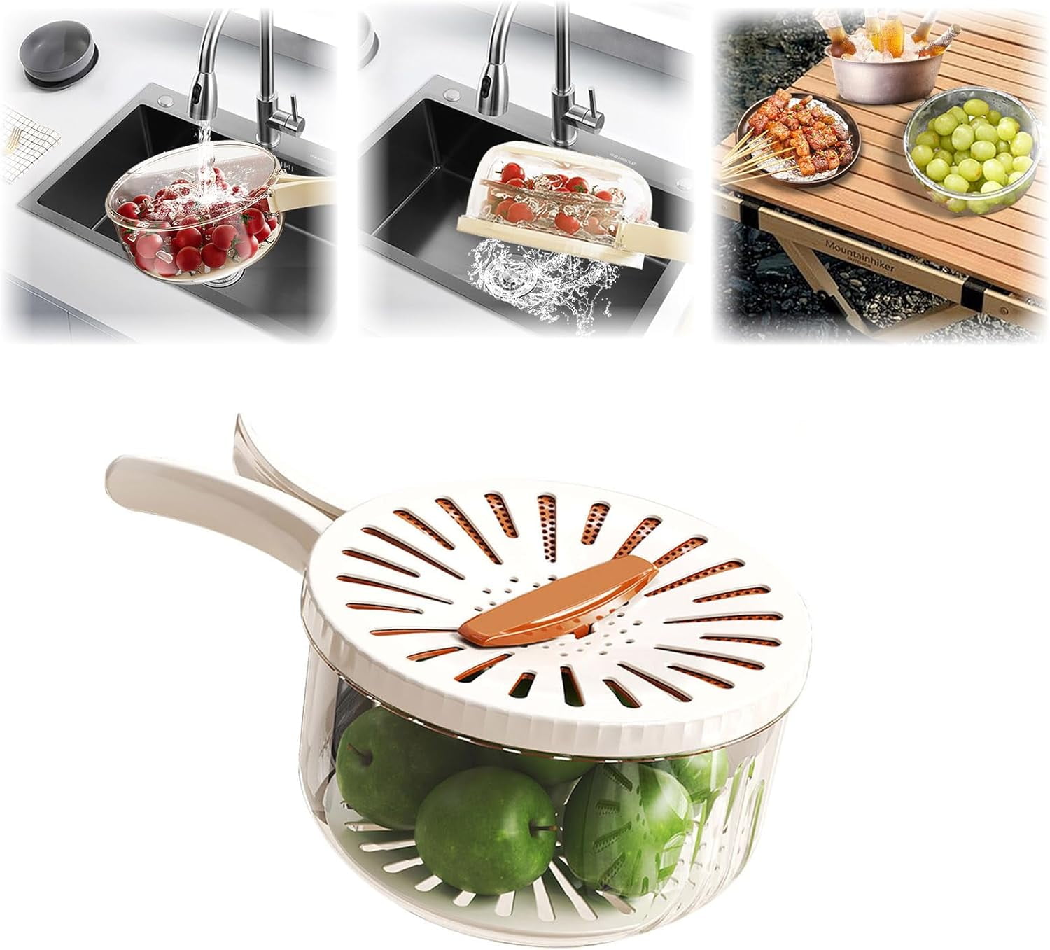 Large MultiPurpose Fruit Strainer Drain Basket with Lid & Collapsible Handle, 2.85QT 2 in 1 Draining & Preservation Basket, Fruit Washing Bowl for Fridge Freshness & Outdoor Picnics