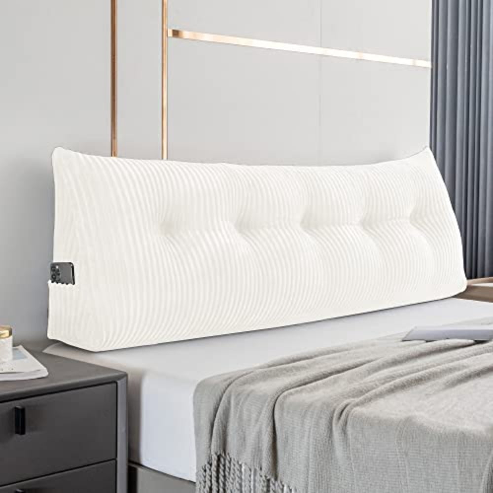 Large Triangular Headboard Wedge Bed Rest Reading Pillow Backrest Positioning Support Bolster Cushions with Removable Cover Light White Queen Size: 59x8x20 Inches
