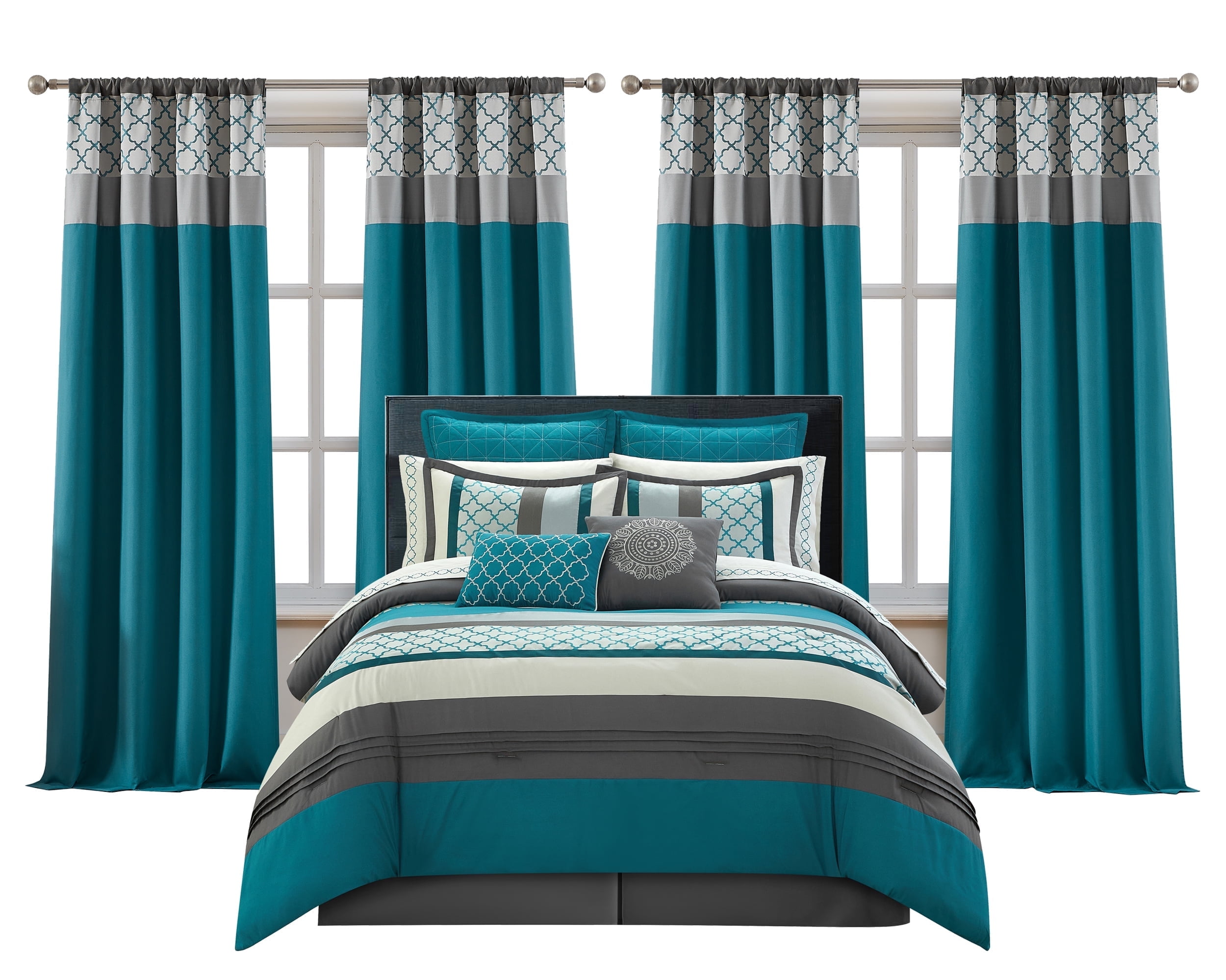 LANCO MODERN LIFESTYLE Queen Comforter Set, Grey Bedding Set, Jacquard Woven with Geometry, 16 Pieces Room in a Bag, Sheets, Bedskirt, Pillow Shams and Cases, Decor Pillows and Curtains