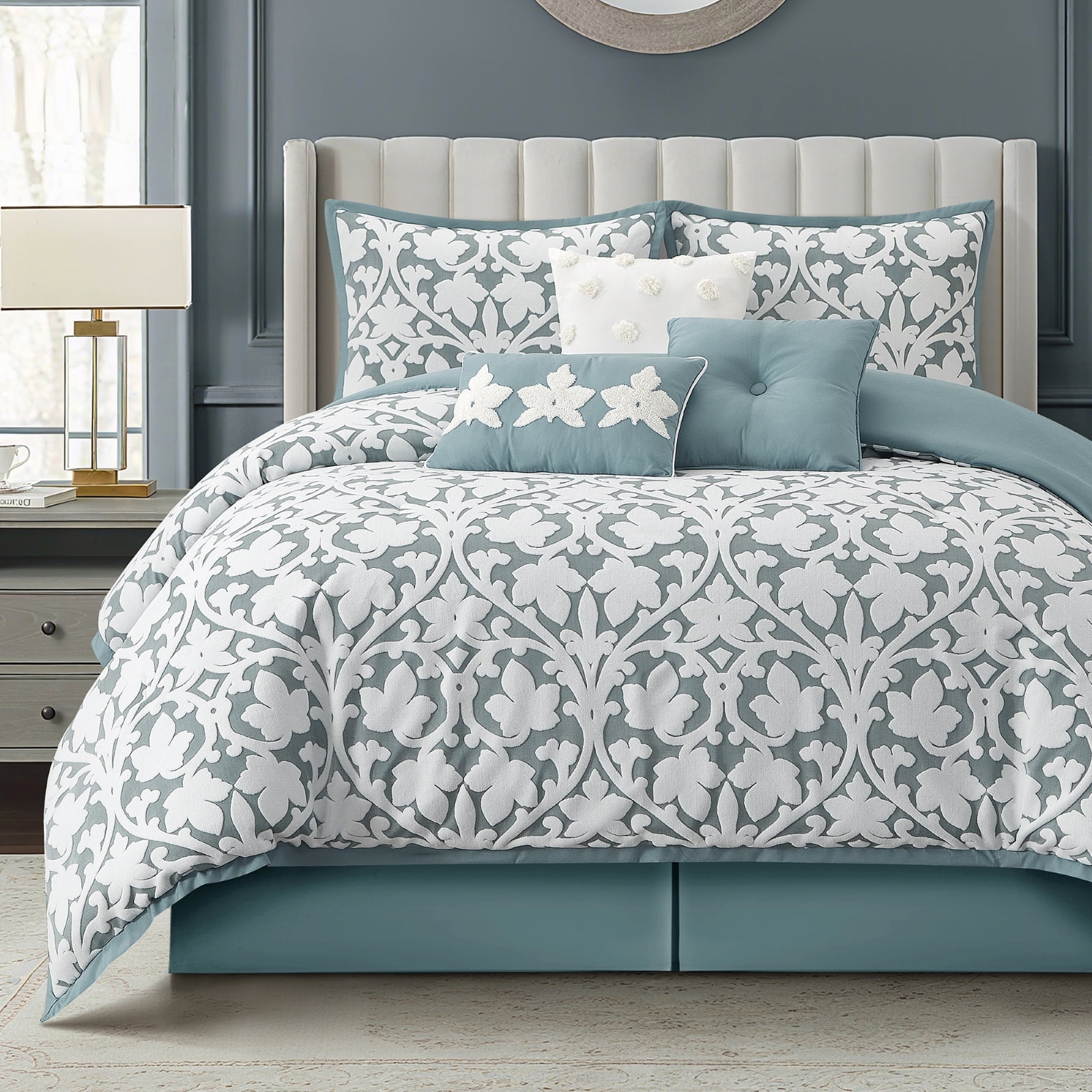 LANCO MODERN LIFESTYLE 7 Pieces Comforter Set, King, Blue, Jacquard Floral Pattern and Classy Damask Medallion Design, Ultra Soft, Includes Bed Skirt, Shams and Decorative Pillows