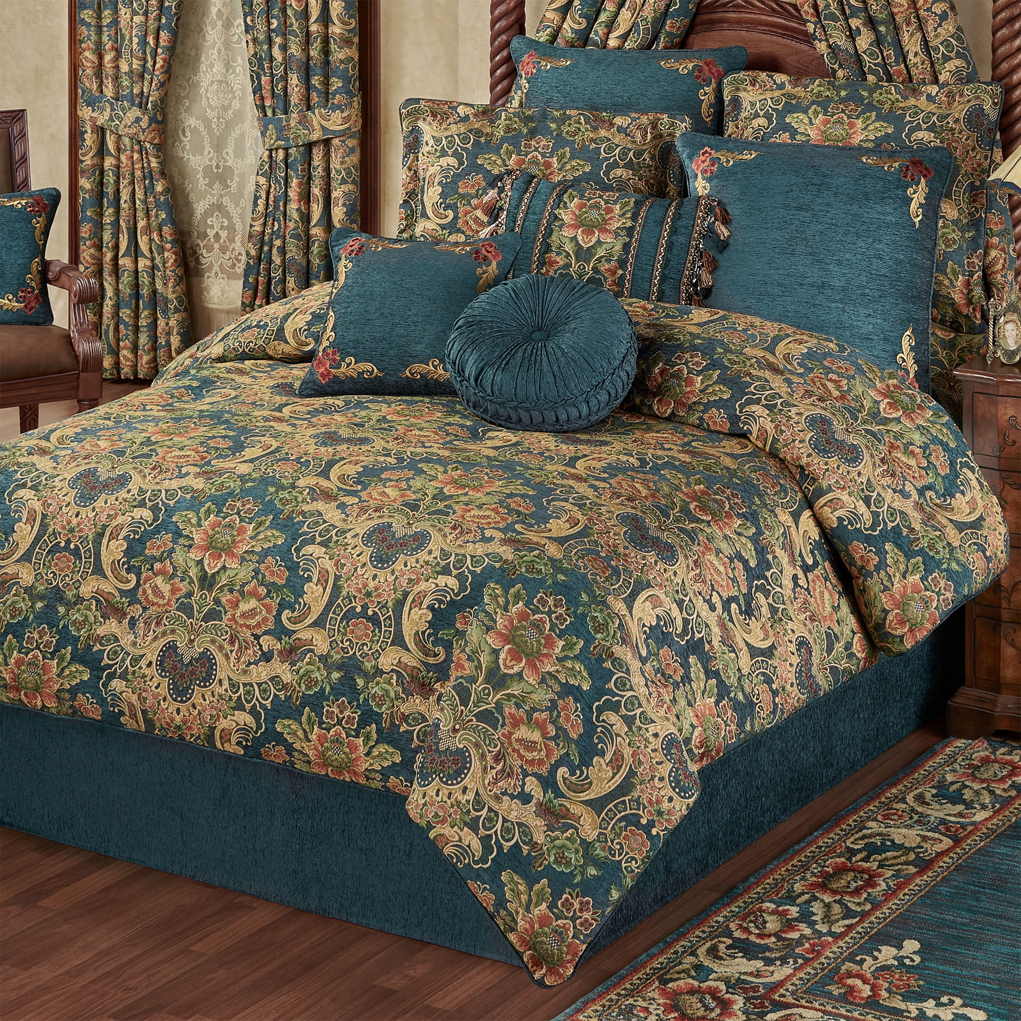 Luxury Casanova Woven Jacobean Floral Bedding, 4-Pc Dark Teal Queen Comforter Set