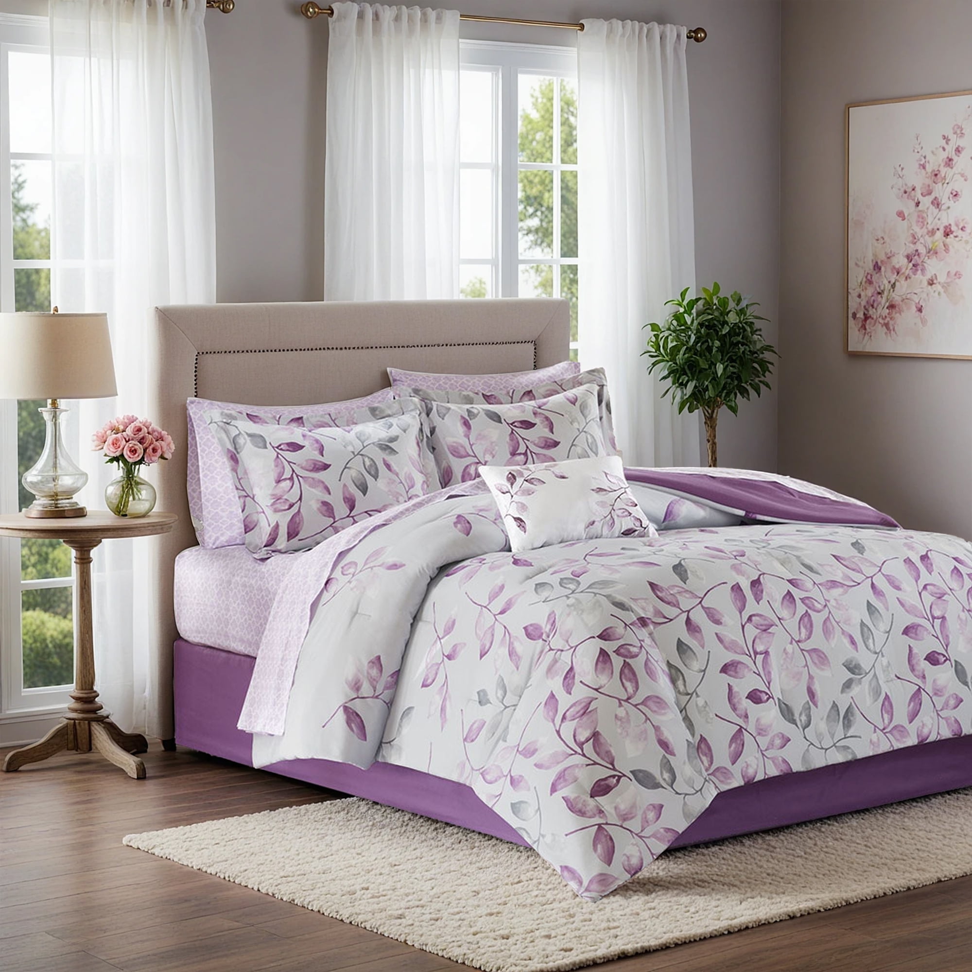 Madison Park Essentials 9 Piece Full Botanical Comforter Set, Cotton Bed in A Bag with Bedskirt, Spring Purple Floral Comforter Bed Set, Bedding Sets with Flat Sheet and Fitted Sheet for Girls