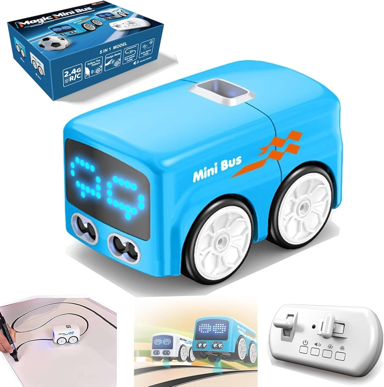 Magic Mini Bus Toy | RC-Controlled with Expression Light Adjustment, 4 Play Modes, Automatic Avoidance, Patrol Line & Gesture Follow