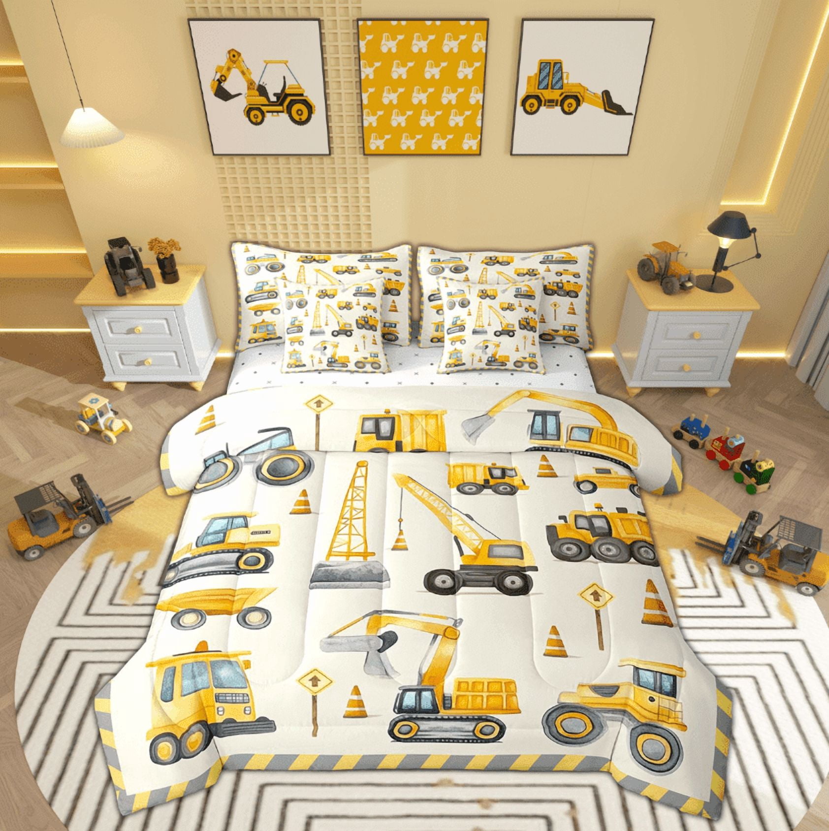 Manfei Yellow Tractor Bedding Full Size, Cartoon Vehicle Bedding Sets Full Size, Construction Truck Reversible Comforter Sets with Sheets, Ultra Soft Bedroom Decor, 7pcs