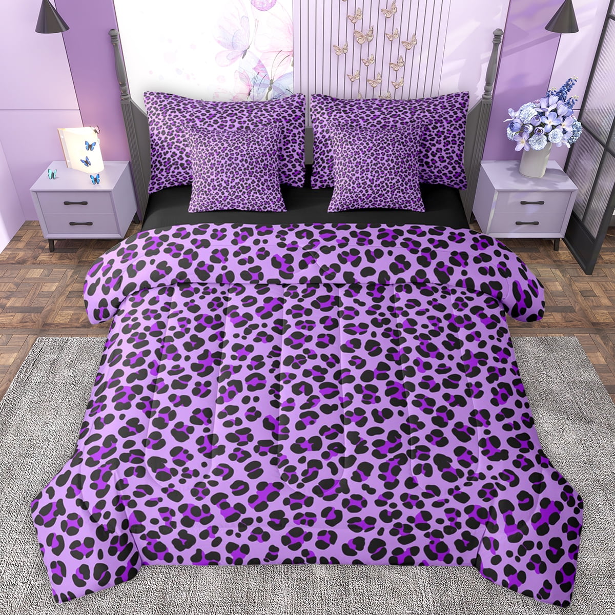 Manfei Cheetah Pattern 7-Piece Bedding Comforter Set,Jungle Leopard King Bedding Sets,Purple Black Bed Sheets For Girls Kids,Luxury Bedroom Decor Reversible