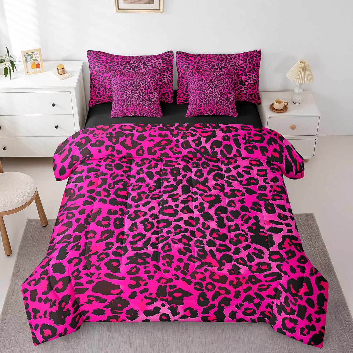 Manfei Leopard Print 7-Piece Bedding Comforter Set,Black Pink King Bedding Sets,Animal Print Ultra Soft Bed Sheets,Microfiber Abstract Bedroom Decoration,Reversible