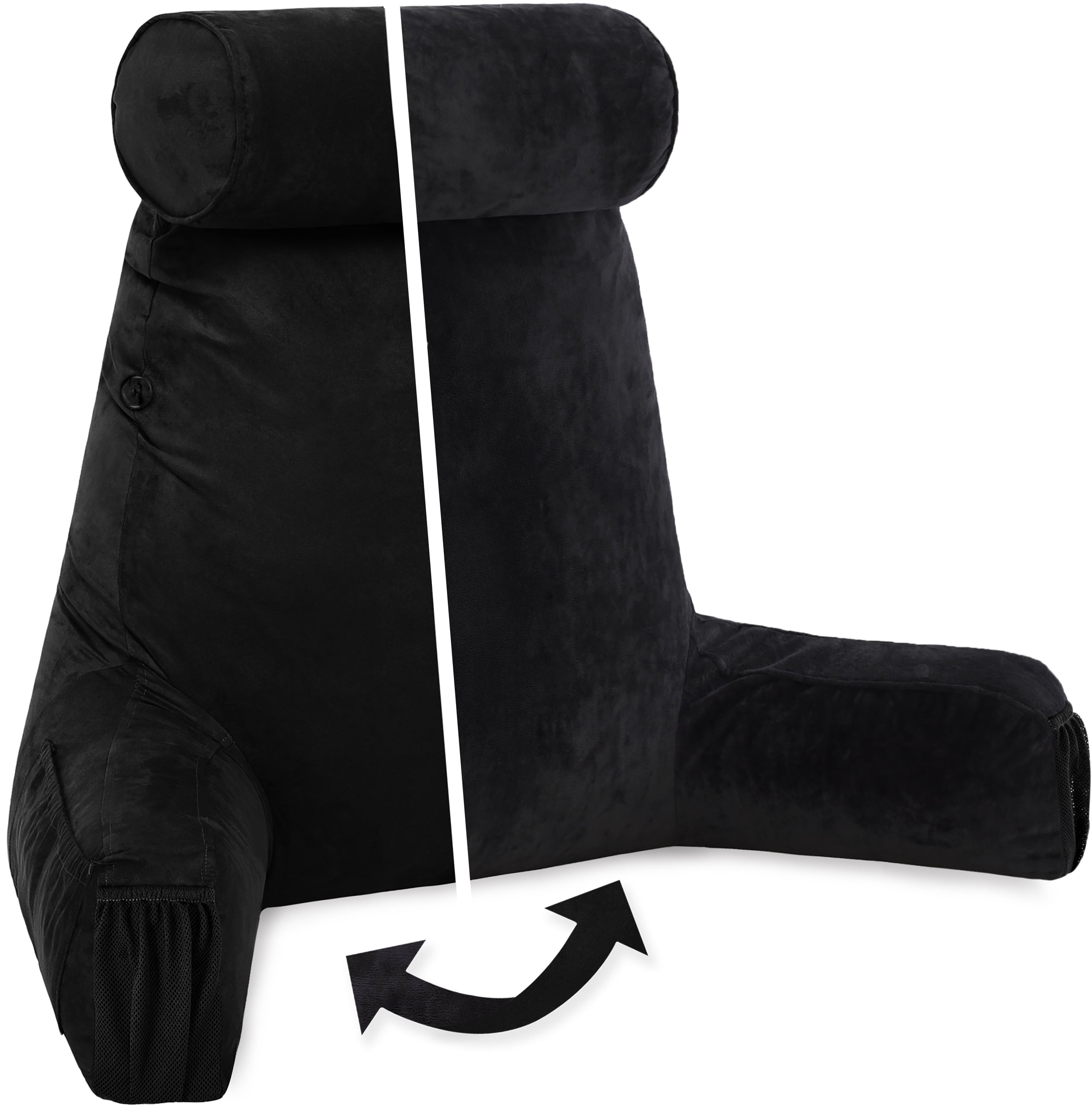 Medium Husband Pillow Aspen Edition - Perfect Pillow With Arms for Reading & Bed Rest - Removable Neck Roll - Premium Shredded Memory Foam - Cover Reverses to Microsuede or Microfiber, Stable Black