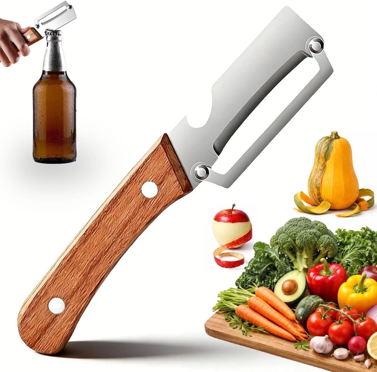 Multi-functional Vegetable Peeler for Kitchen | 2026 New with Non-slip Wooden Handle & Bottle Opener for Fruits, Sugar Cane, Pumpkin