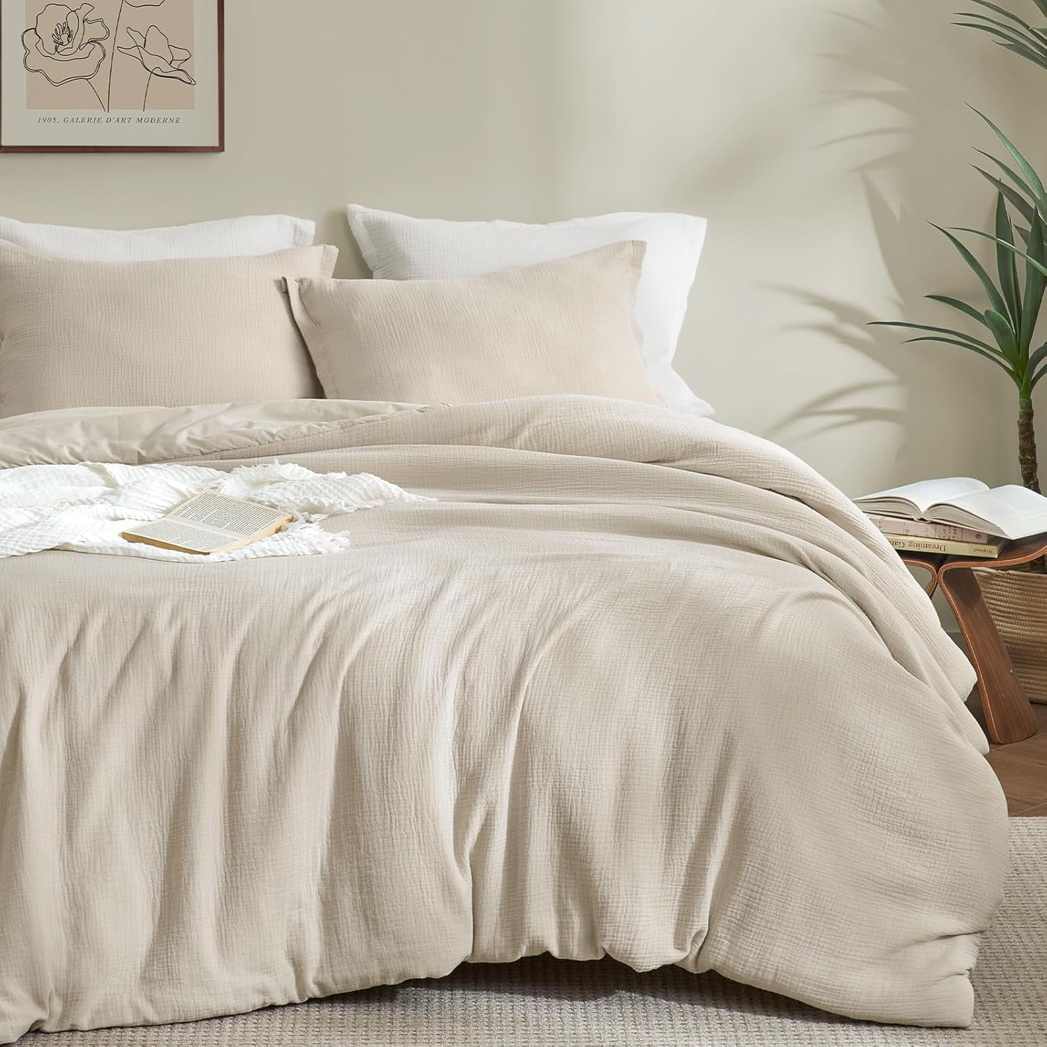PHF Cotton Muslin Comforter Set Queen Size, Ultra Soft Breathable & Lightweight Bedding Set for All Seasons, 1 Comfy Comforter 90"x90", 2 Pillow Shams 20"x26", Natural