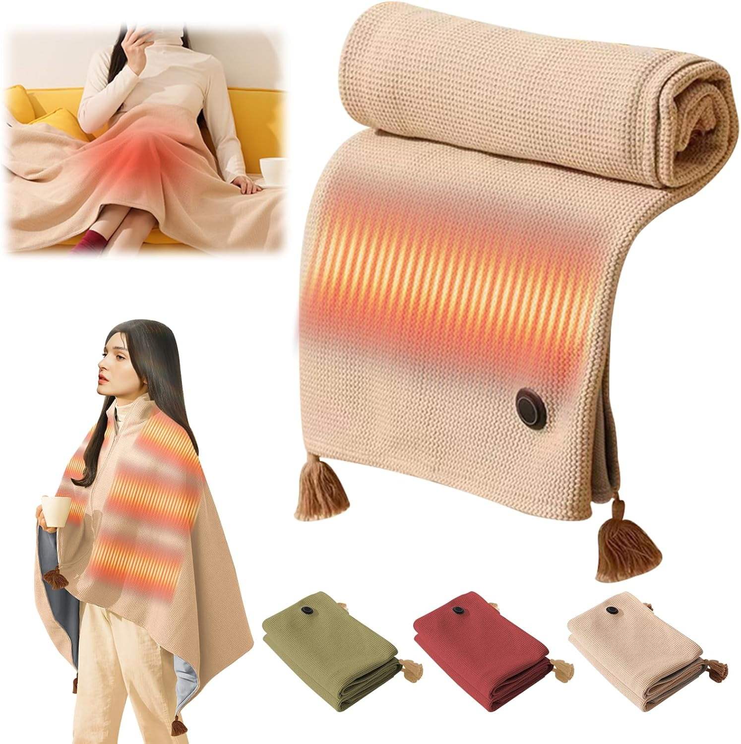 Portable Heated Shawl Blanket for Women | Upgraded Cordless Electric Heated Wrap with 3 Heating Levels & USB Power