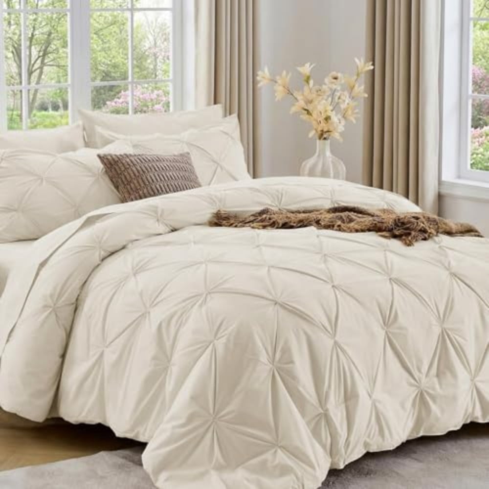 Queen Comforter Set 7-Piece Bed in a Bag Pintuck Bedding Sets for All Season Includes Comforter Flat Sheet Fitted Sheet Pillowcases and Pillowshams Beige