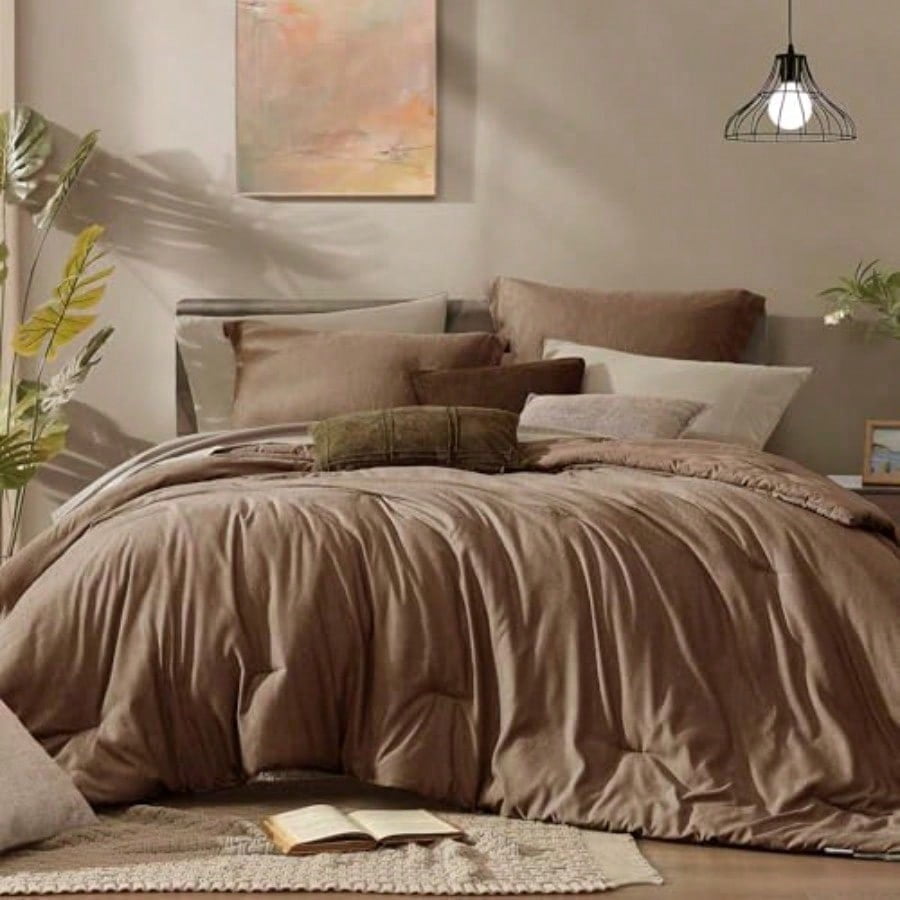 Queen Comforter Set - 7 Pieces Cationic Dyeing Brown Bed in a Bag Queen Bedding Sets with Comforter Sheets Pillowcases and Shams Reversible Bedding Comforters Sets