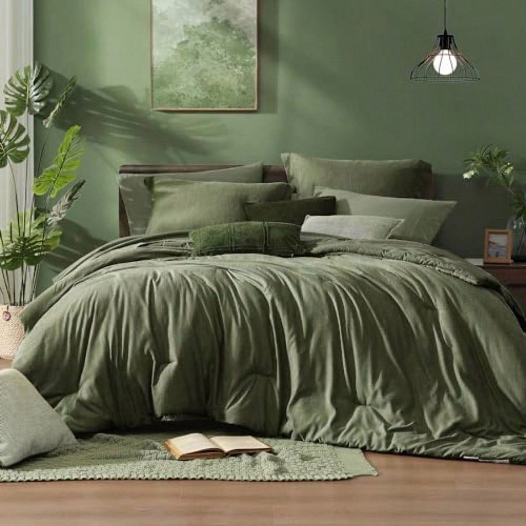 Queen Comforter Set - 7 Pieces Cationic Dyeing Olive Green Bed in a Bag Queen Bedding Sets with Comforter, Sheets, Pillowcases & Shams, Reversible Bedding Comforters Sets
