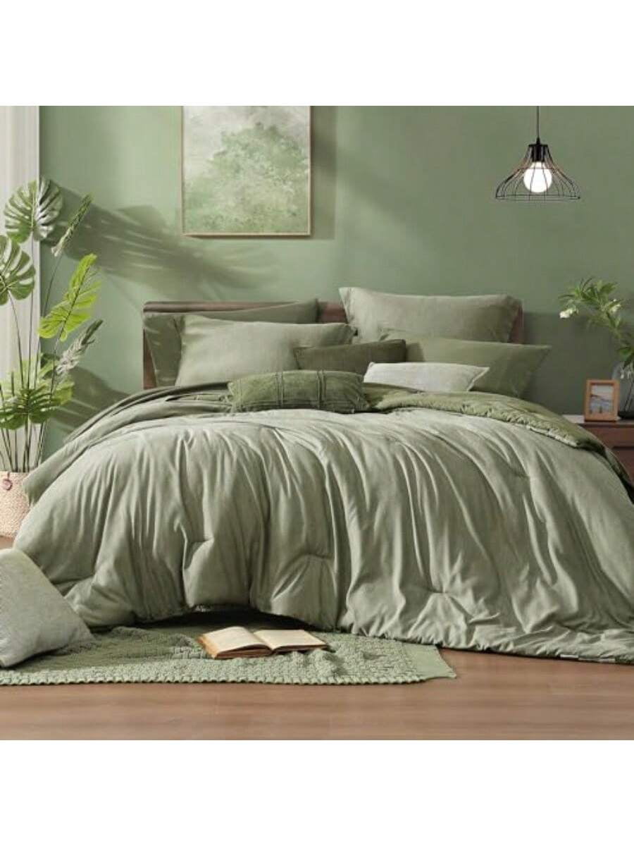 Queen Comforter Set 7 Pieces Cationic Dyeing Sage Green Bed In A Bag Queen Bedding Sets With Comforter Sheets Pillowcases Shams Reversible Bedding Comforters Sets