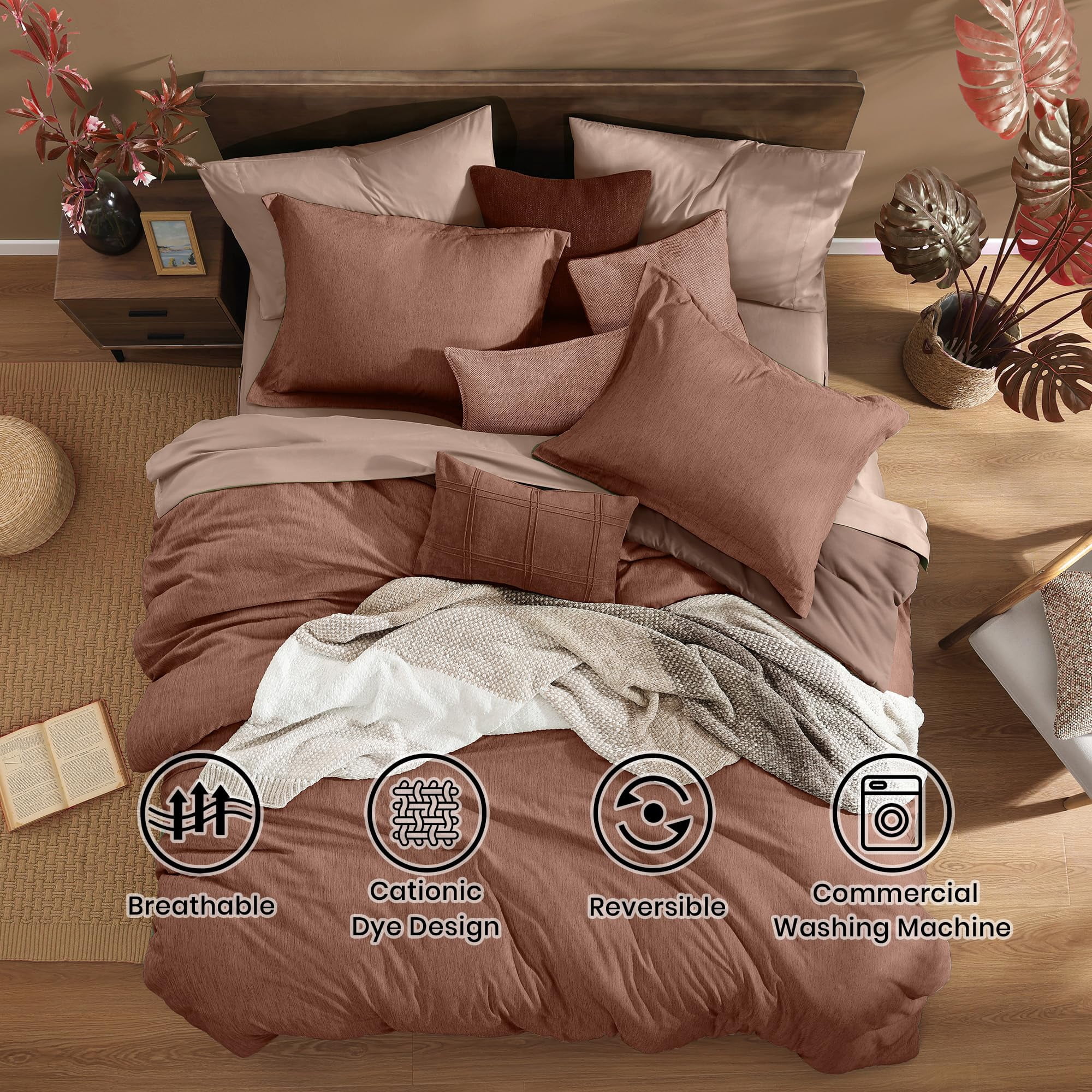 Queen Comforter Set - 7 Pieces Cationic Dyeing Terracotta Bed In A Bag Bedding Sets With Sheets Pillowcases & Shams Reversible Comforters
