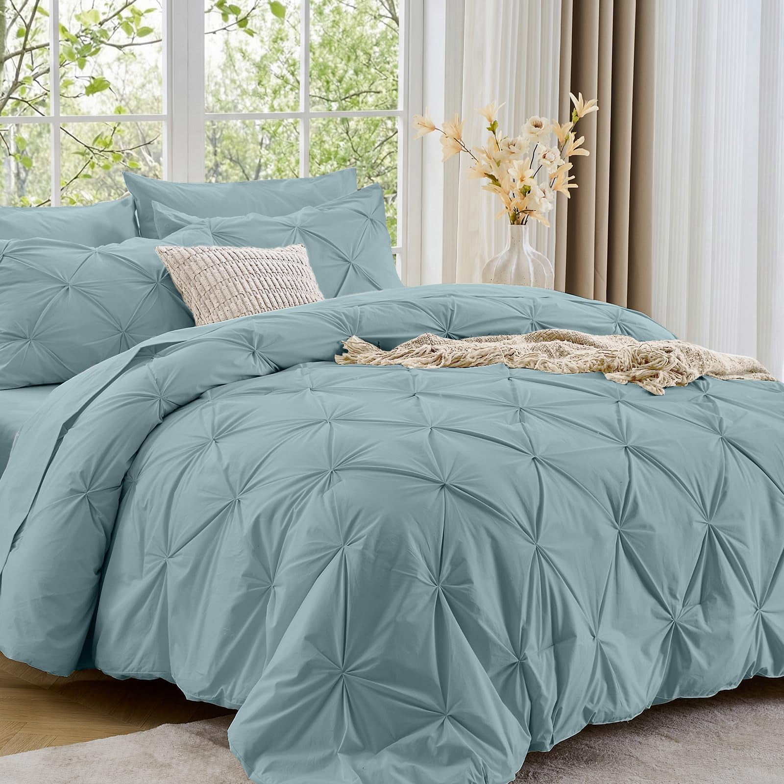 Queen Comforter Set 7-piece Bed In A Bag Pintuck Bedding Sets For All Season Includes Flat Sheet Fitted Pillowcases And Pillowshams Greylish Blue