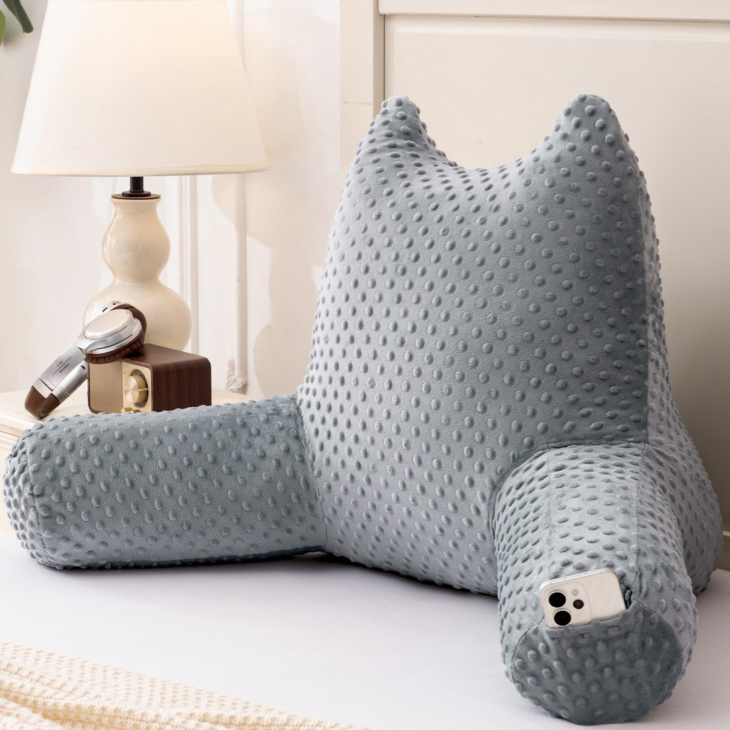 Reading Pillow for Kids Sitting in Bed Couch Adult, Back Pillow for Bed Sitting Up, Back-Rest Support Cushion with Pockets and Arms, Watching TV, Relaxing, Reading, Grey
