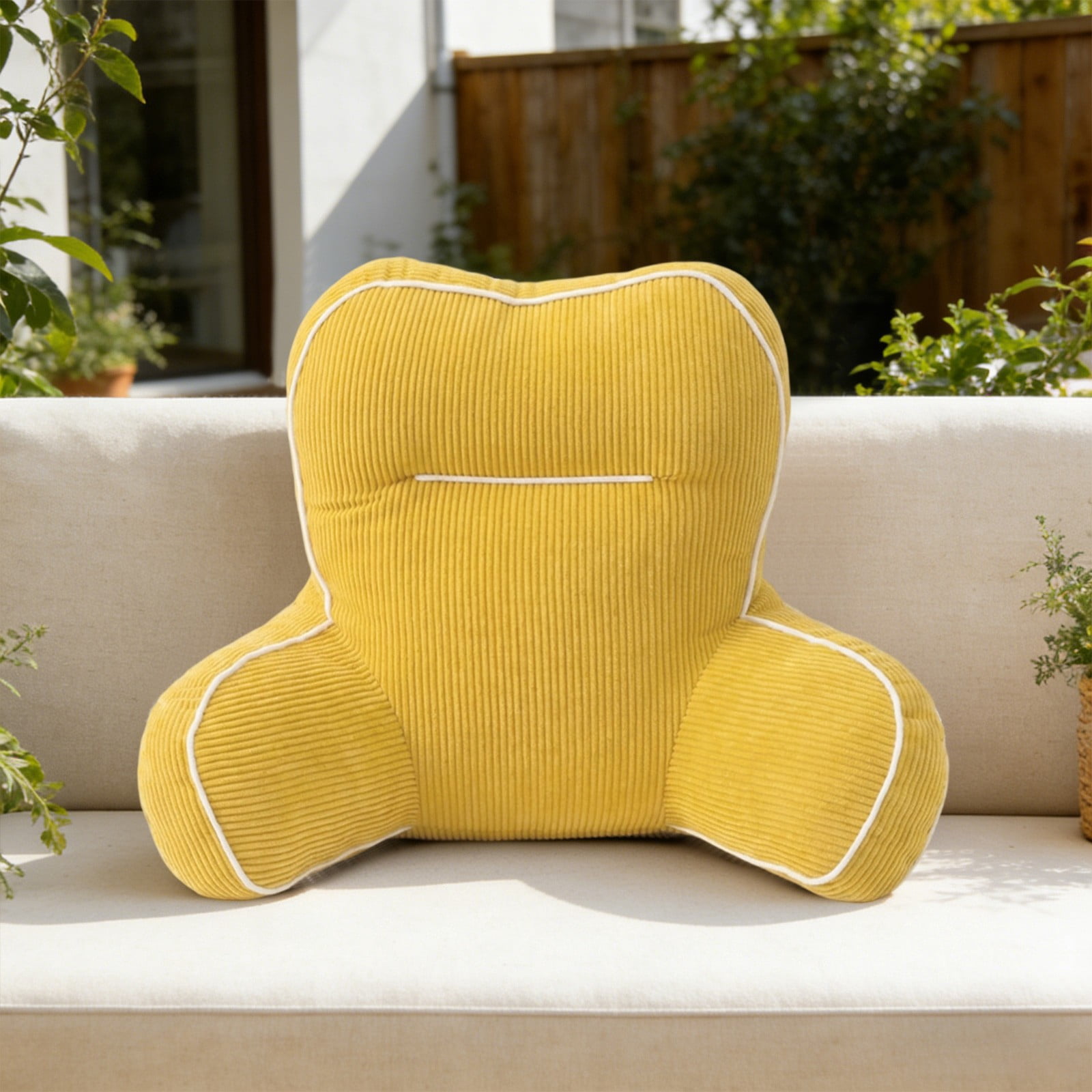 Reading Pillow with Shredded Memory Foam, Luxe Cut Plush Back Pillow for Sitting Up in Bed, Back and Arms Adjustable Support for Adult, Backrest Pillows with Washable Cover Yellow