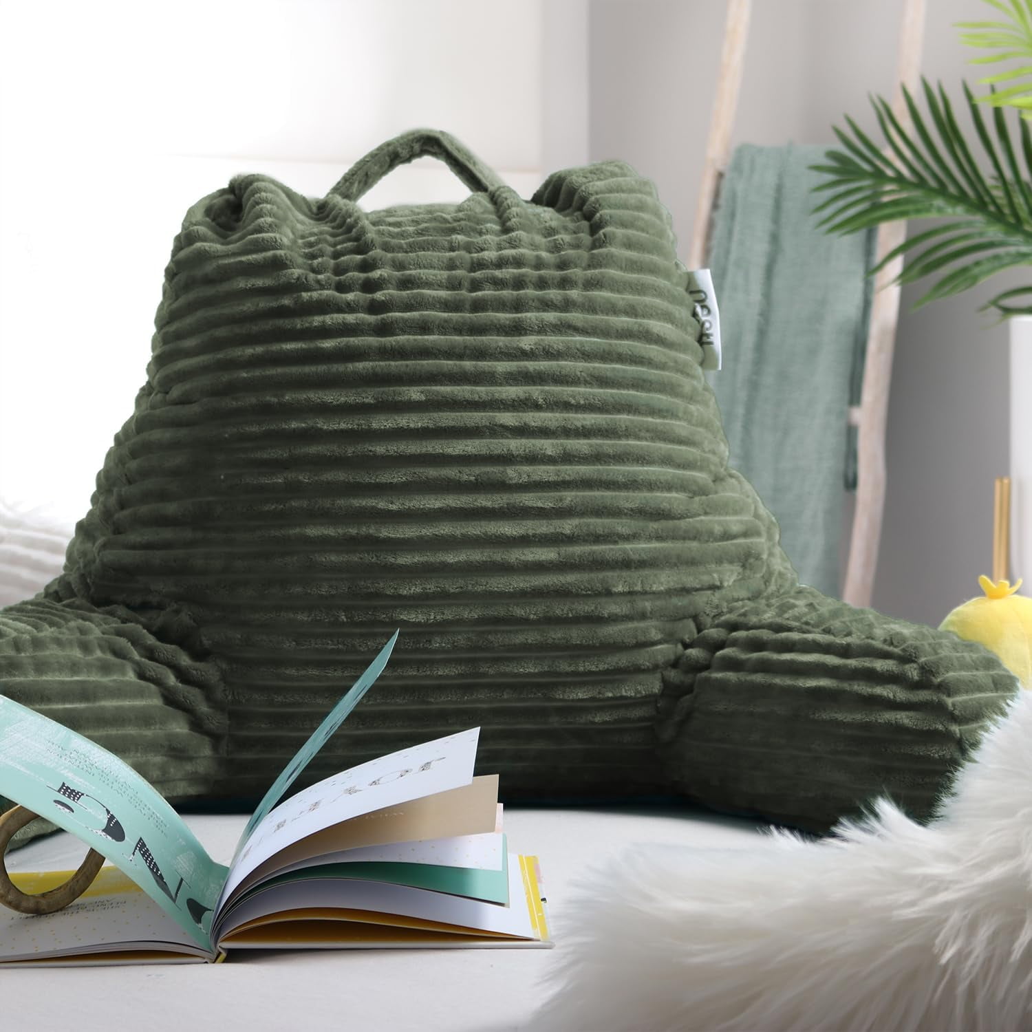Reading Pillow with Shredded Memory Foam, Luxe Cut Plush Back Pillow for Sitting Up in Bed, Back and Arms Adjustable Support for Adult & Teens, Backrest Pillows with Washable Cover Olive Green