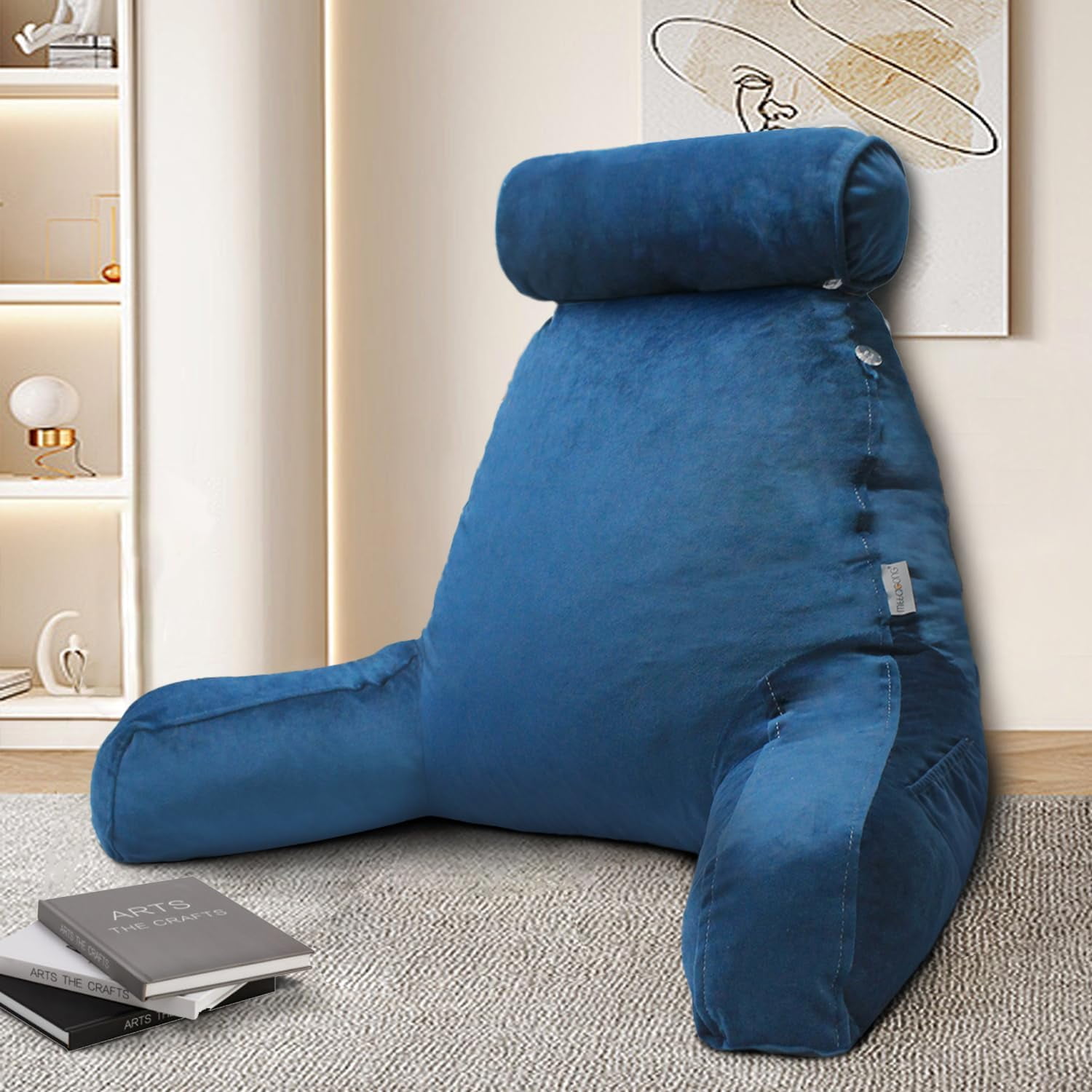 Reading Pillow for Sitting in Bed Adult with Detachable Neck Roll & Big Backrest Pillow for Bed Sitting up with Arms Side Pocket Shredded Foam Back Pillows Chair Pillow with Washable Cover